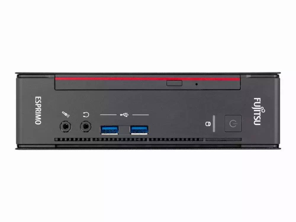 Vorderansicht eines Fujitsu ESPRIMO Mini-Desktop-PCs mit Netzschalter, Audiobuchsen und zwei USB-Anschlüssen auf weißem Hintergrund.