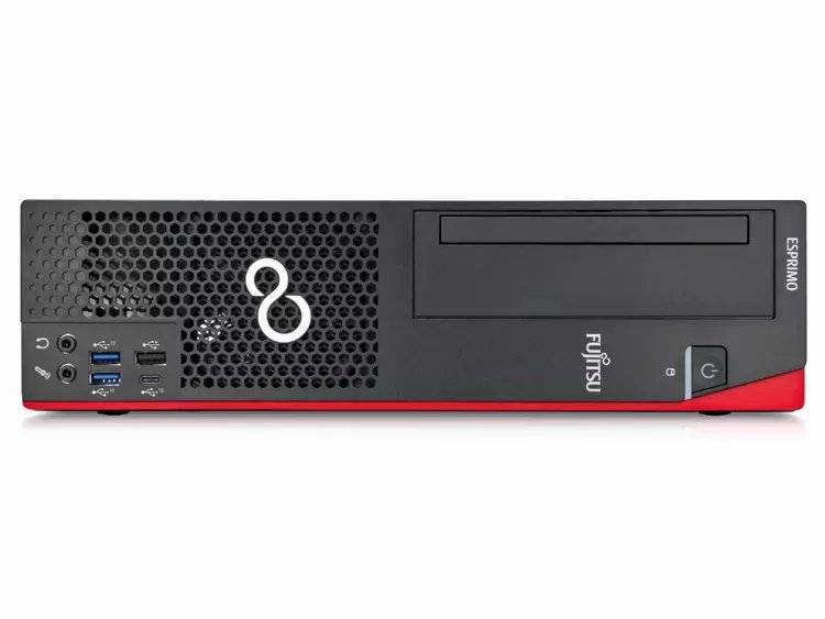Vorderansicht eines Fujitsu Esprimo Desktop-Computer-Towers mit belüftetem Gitter, vorderen Anschlüssen, Laufwerk und Einschaltknopf auf roter Basis.