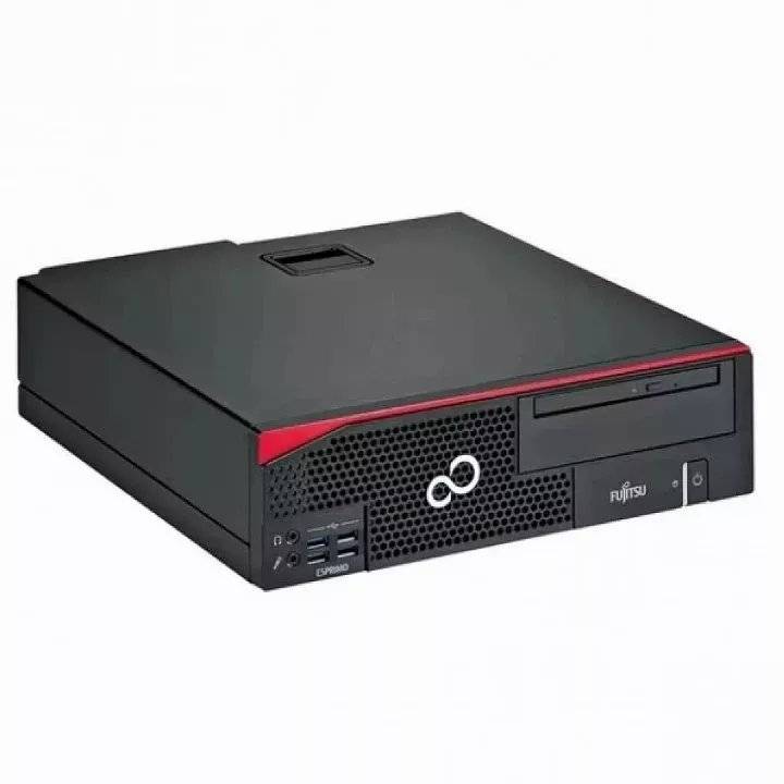 Fujitsu-Desktop-Computer mit schwarzem kompaktem Gehäuse, USB-Anschlüssen auf der Vorderseite, optischem Laufwerk und rotem Akzentstreifen.