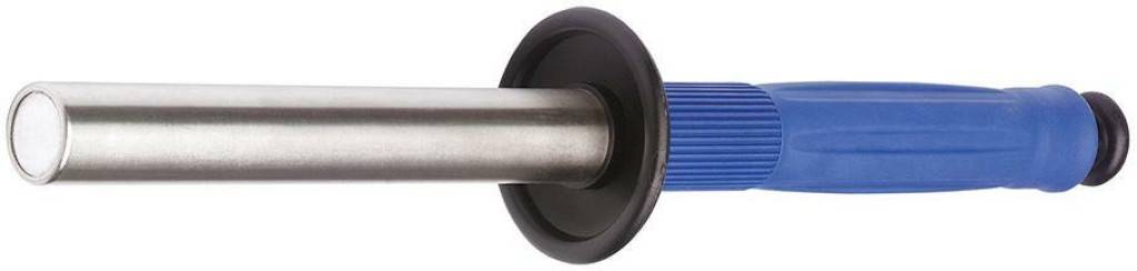 Nahaufnahme eines Metallreifenhebels oder Brecheisens mit blauem Griff, schwarzem Schutzring und silbernem Schaft auf weißem Hintergrund.