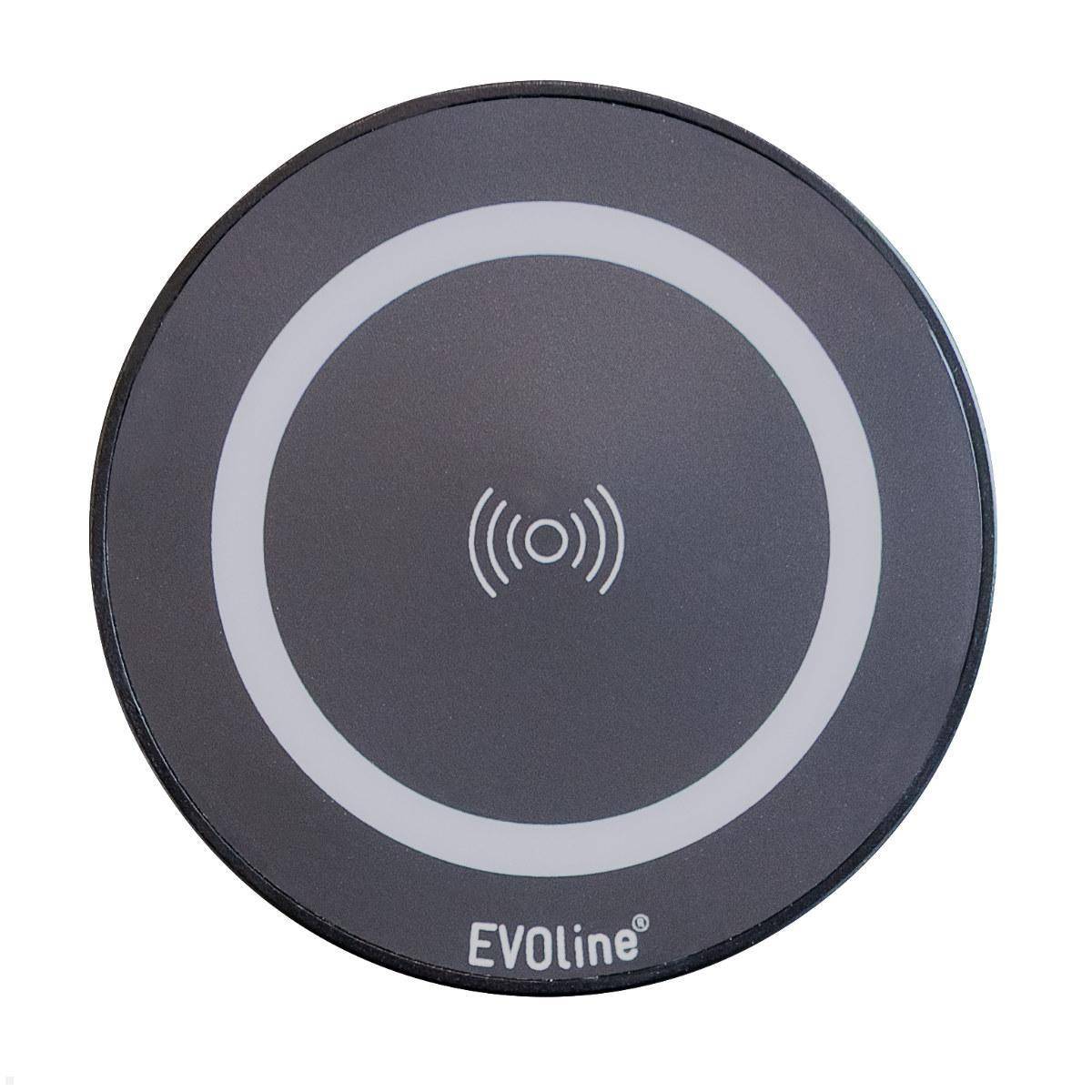 Rundes schwarzes EVOLine Wireless-Ladegerät mit zentralem kontaktlosem Ladesymbol.