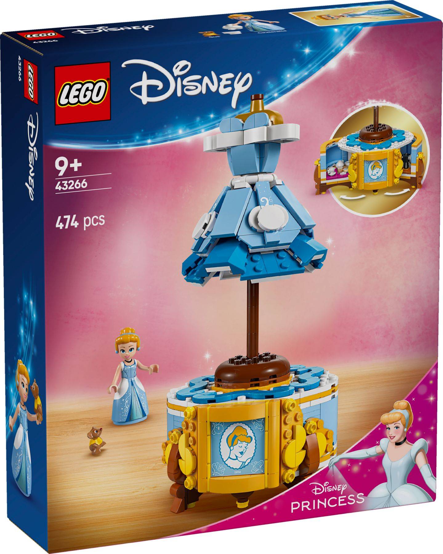 LEGO Disney Prinzessin Cinderella Set-Karton, ab 9 Jahren, 474 Teile, zeigt eine blau drehbare Kleiderpräsentation mit Cinderella und einem kleinen Vogel.