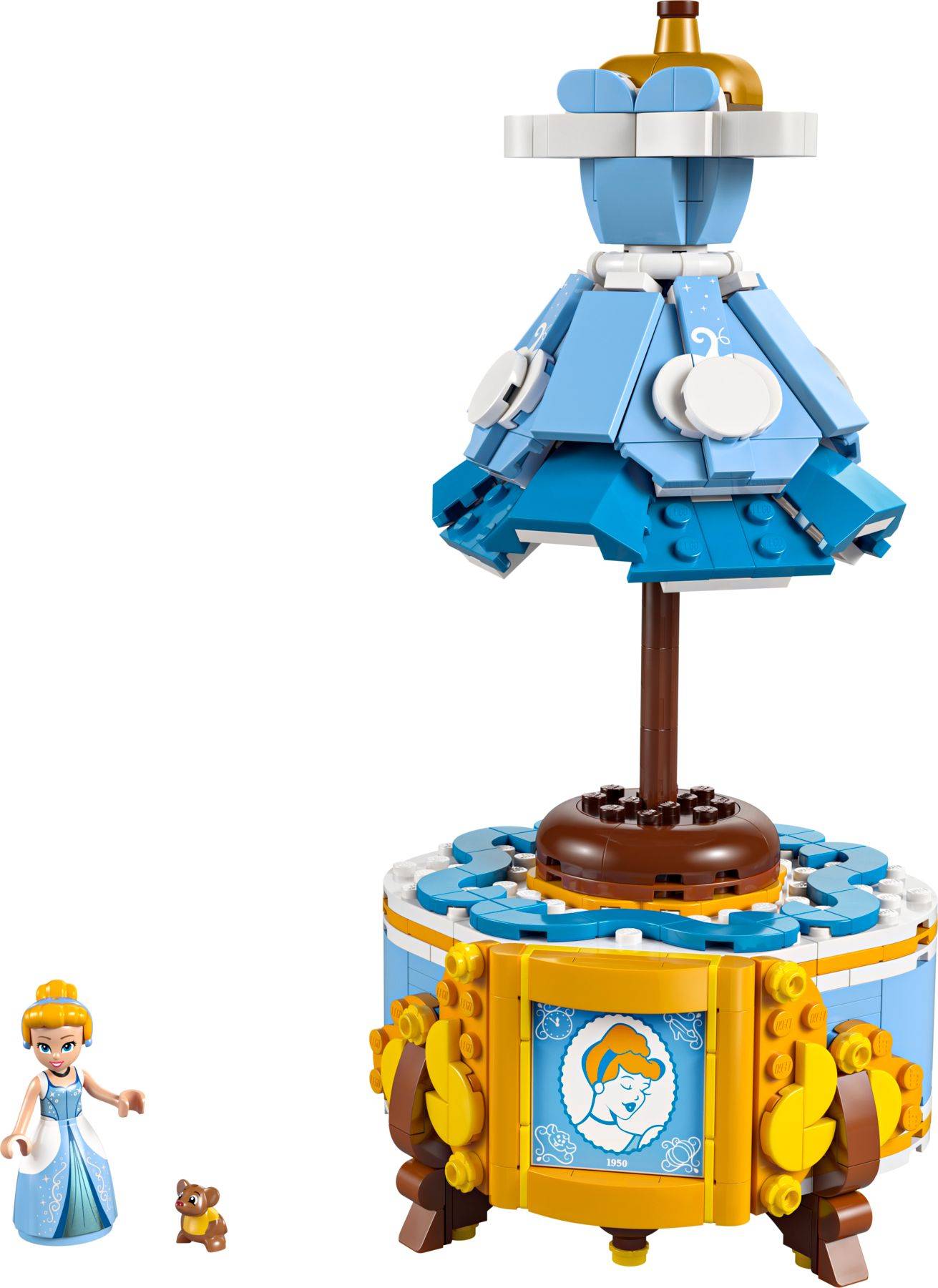 Ein LEGO-ähnliches, Cinderella-inspiriertes Spinndisplay mit einem blauen Kleid, einer Prinzessin-Minifigur und einer kleinen Tierfigur auf einer dekorativen Basis.