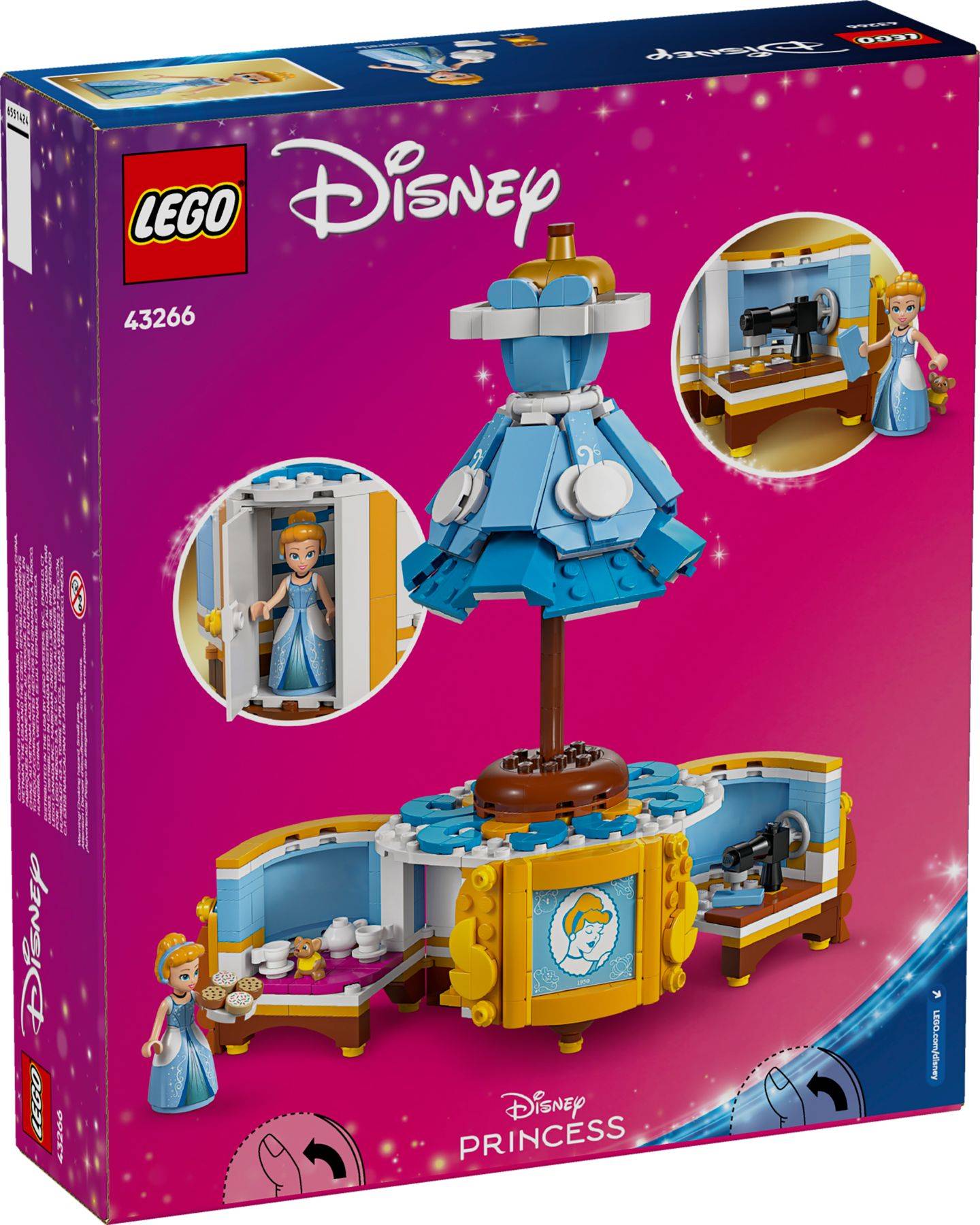 LEGO Disney Prinzessin-Set 43266 Schachtel mit einem rotierenden blauen Kleid-Display mit Cinderella und nähen-themenbezogenen Spielszenen.