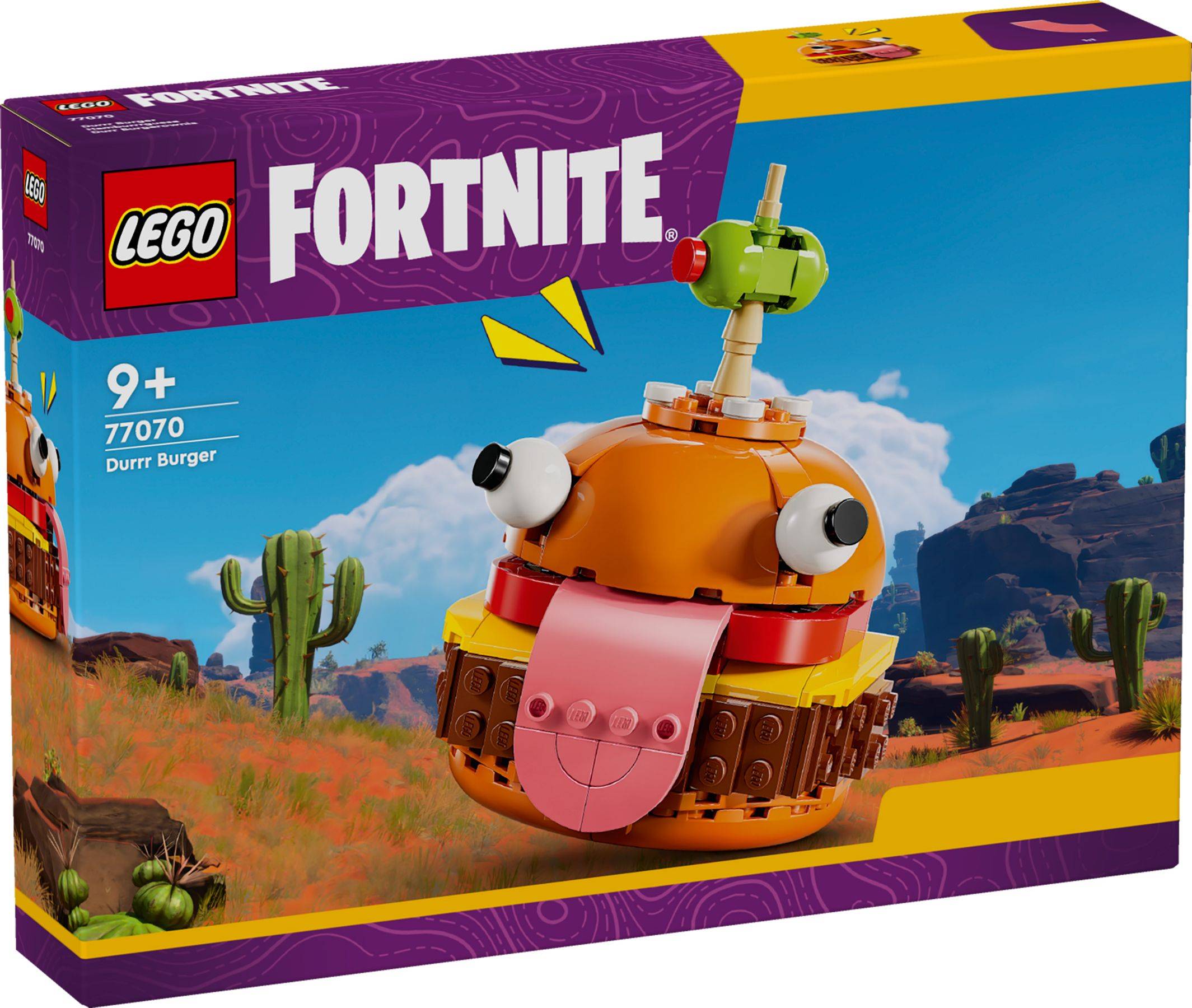 LEGO Fortnite Durr Burger Bauset-Schachtel, ab 9 Jahren, mit orangefarbener Burgerfigur und Zunge in einer Wüstenlandschaft.
