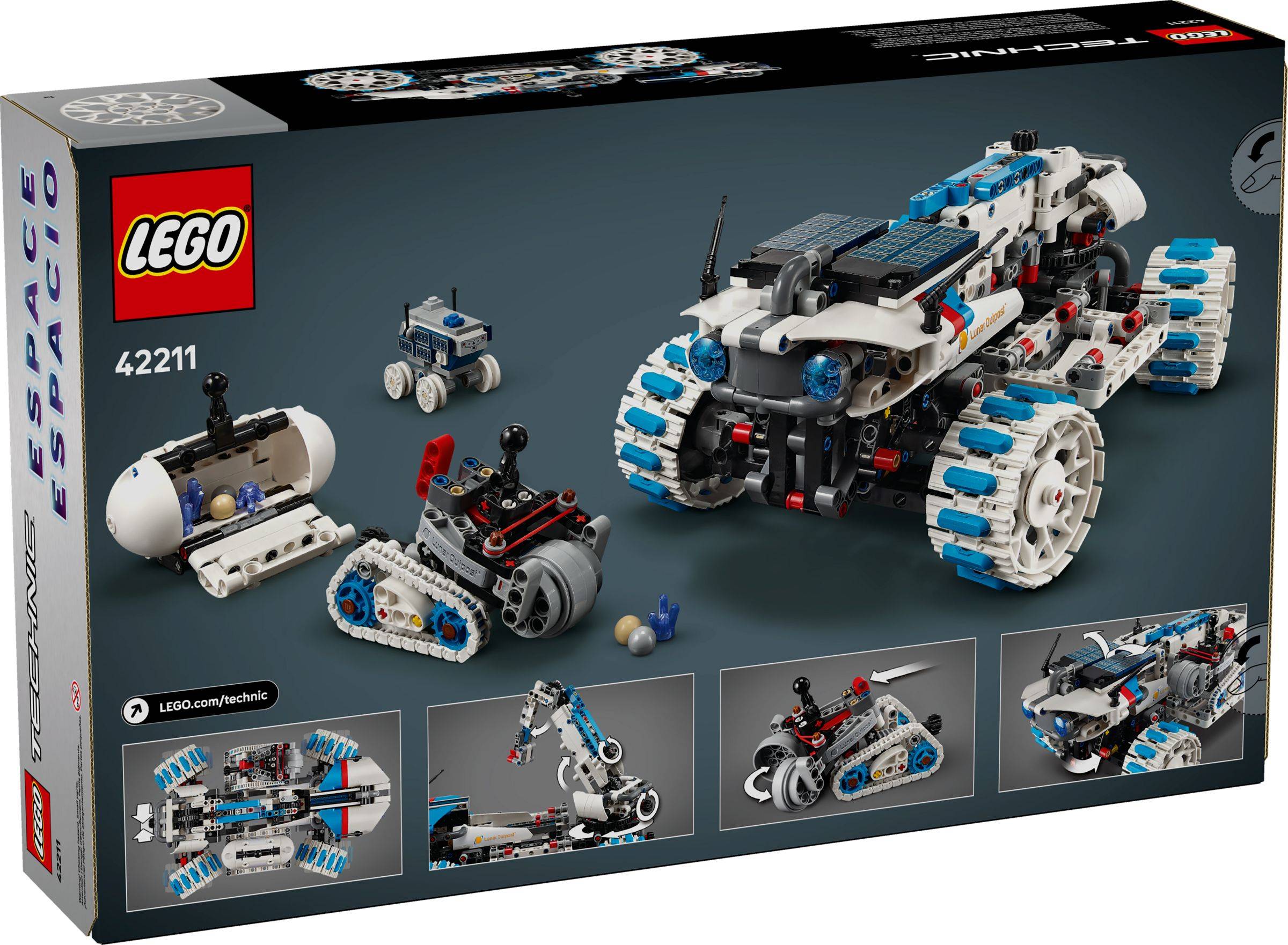 LEGO Technic Weltraum-Lader 42211 Schachtelkunstwerk zeigt einen großen blau-weißen Kettenfahrer mit kleineren Raumfahrzeugen und Bauvorkauschau.