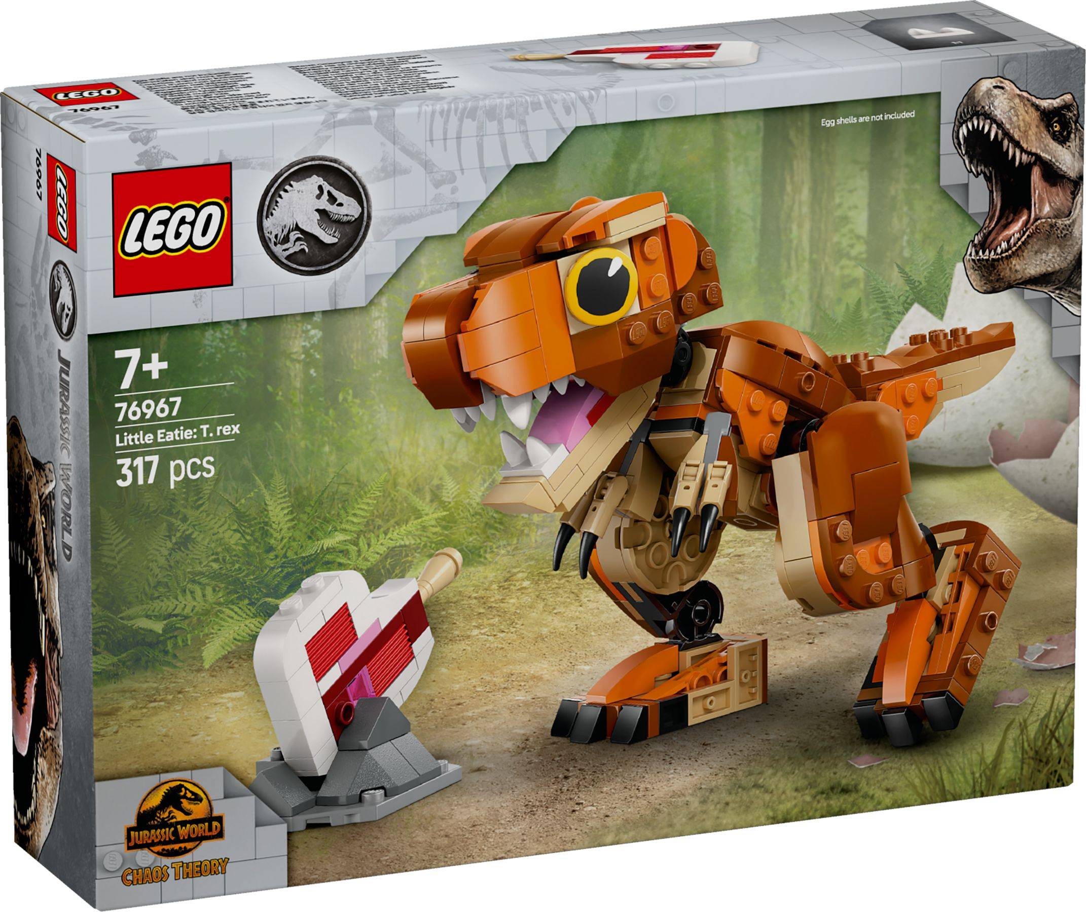 LEGO Jurassic World Kleine Eatie: T. rex Set-Box, ab 7 Jahren, 76967, 317 Teile, mit einem orangefarbenen T. rex zum Bauen und einem Essensstand in einer Waldszene.