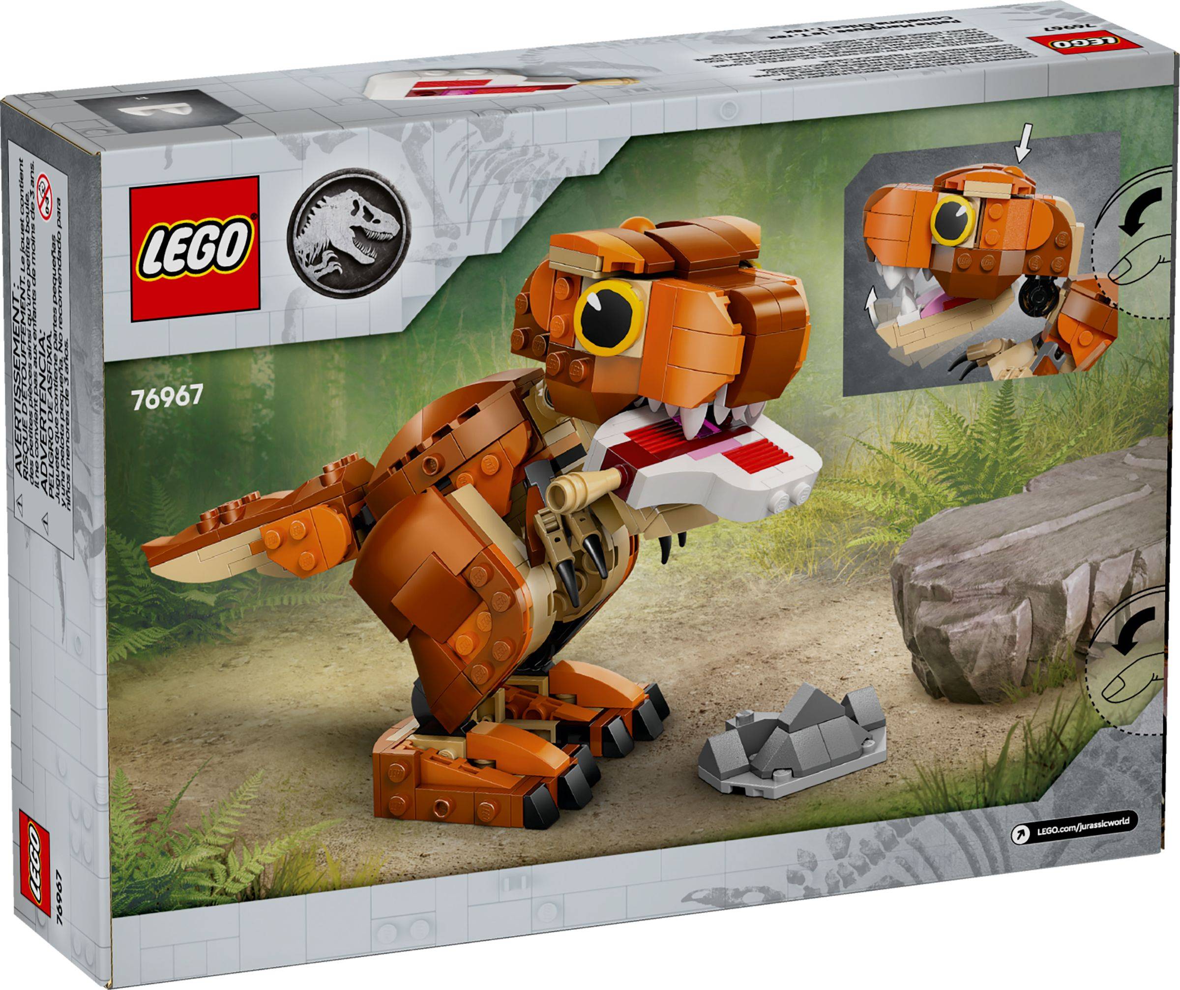 LEGO Jurassic World Karton für Set 76967, das ein braunes Dinosaurier-Modell zeigt, das ein weiß-rotes Objekt hält, mit einer Vergrößerung des Dinosaurierkopfes und einem Stein-Zubehör.