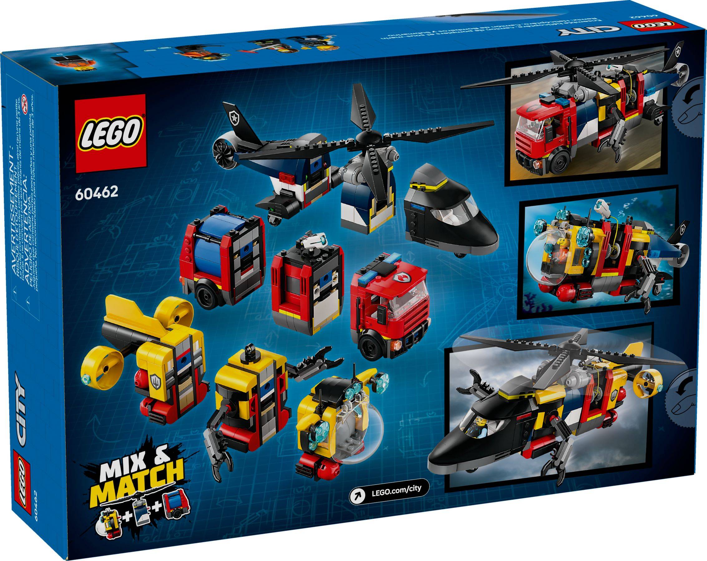LEGO City 60462 'Mix and Match' Set-Box mit modularen Flugzeugen, Hubschraubern und Rettungsfahrzeugen, die zu verschiedenen Modellen kombiniert werden können.