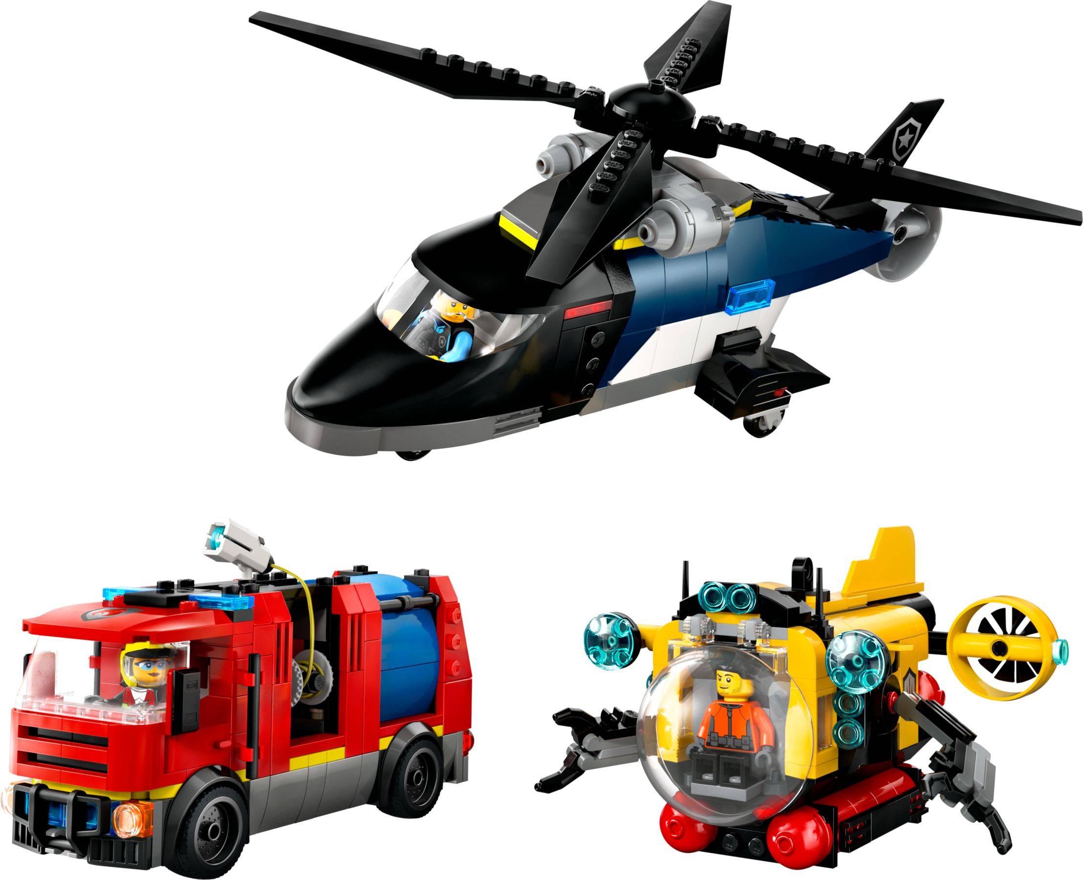 Drei LEGO-ähnliche Fahrzeuge auf weißem Hintergrund: ein schwarz-blauer Hubschrauber, ein roter Feuerwehrauto und ein gelbes U-Boot mit einer Minifigur im Inneren.