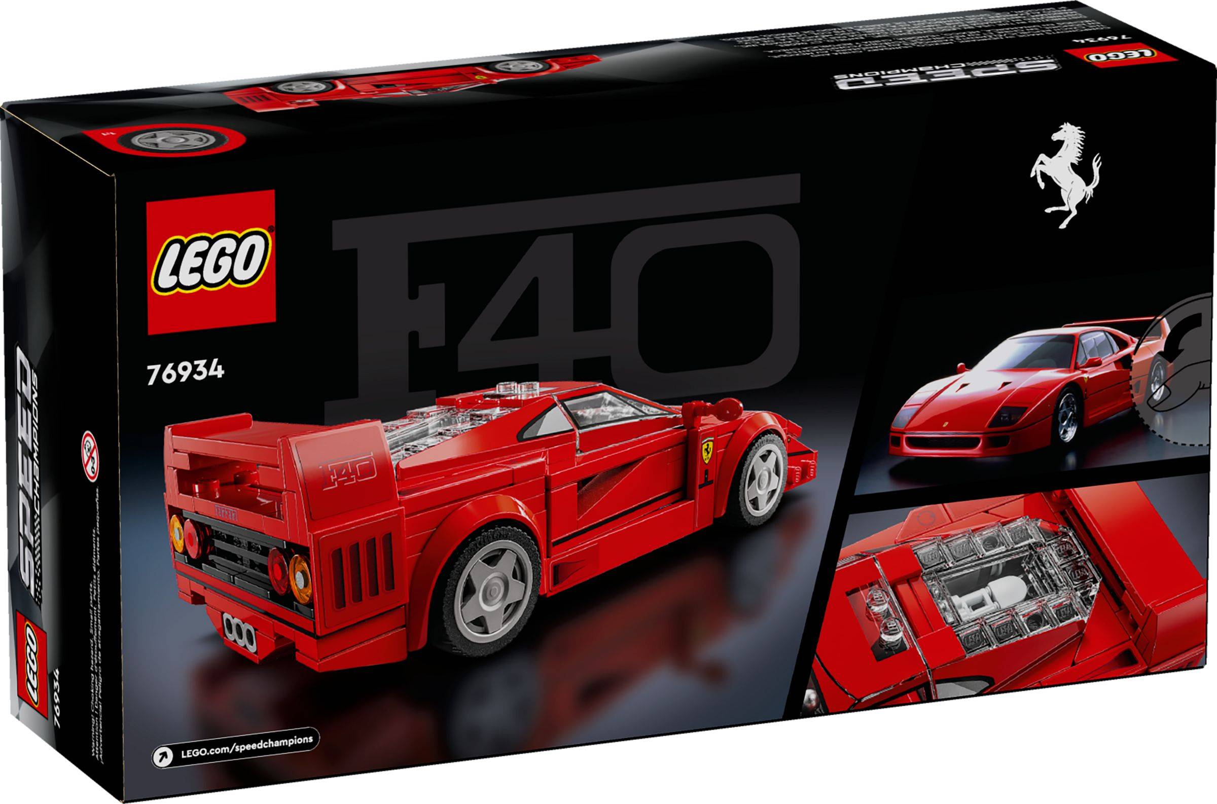 LEGO Ferrari F40 Modellbausatz-Verpackung mit einem roten Ferrari F40 Auto und Motordetail, Set-Nummer 76934.