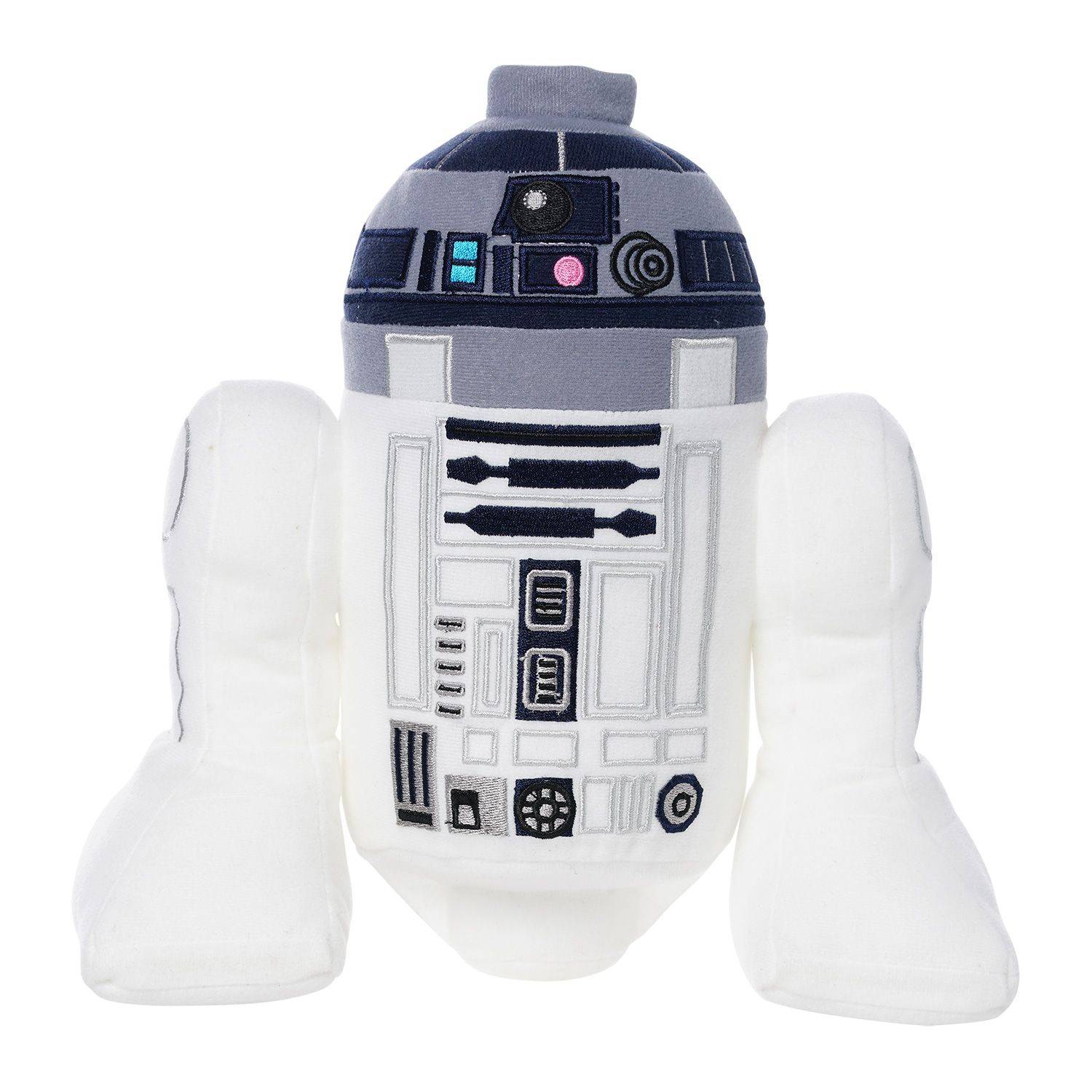 Kuschel-R2-D2-Spielzeug auf weißem Hintergrund, das den Star-Wars-Droiden mit gestickten Details und weichen weißen Seitenpaneelen zeigt.