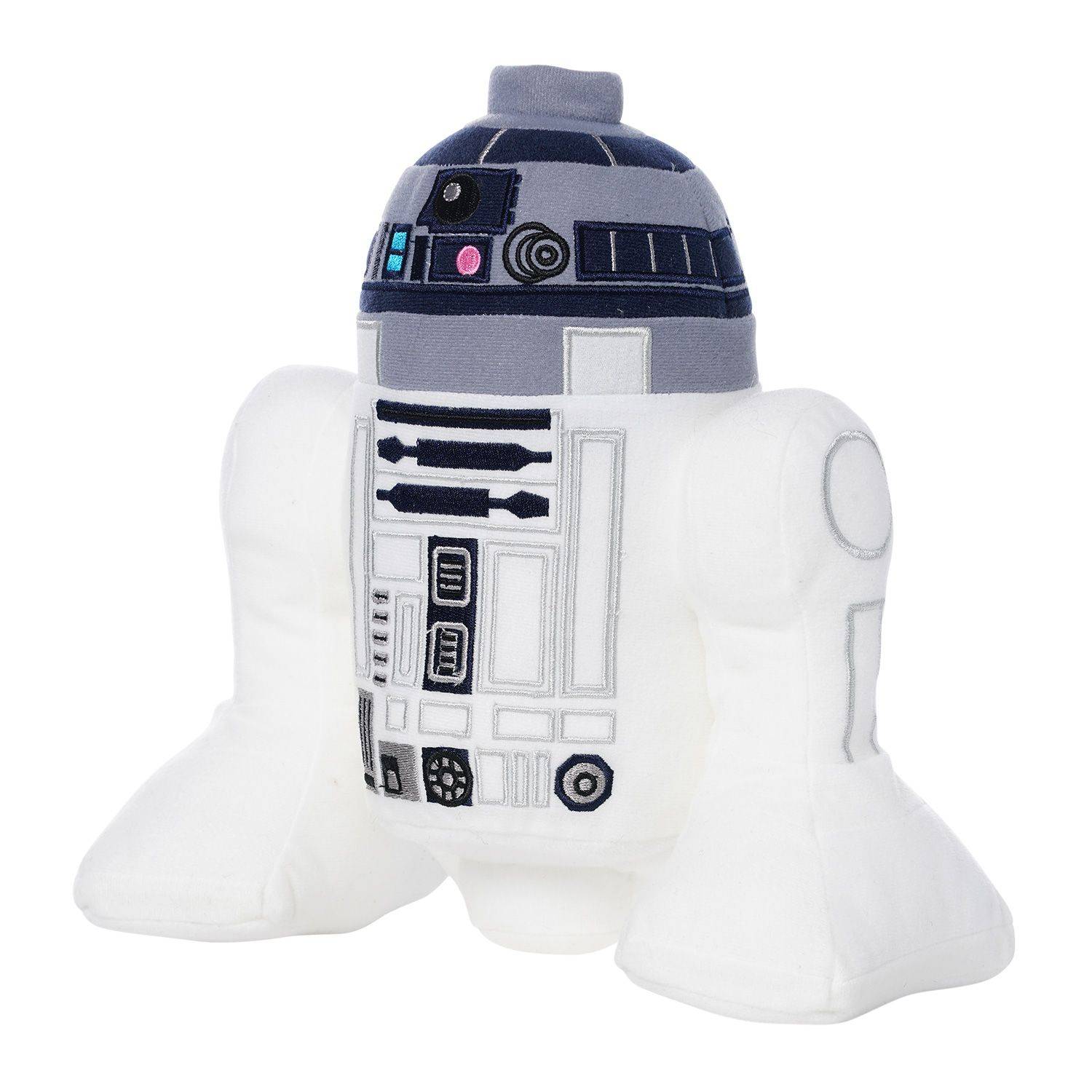 Kuscheltier des Star-Wars-Droiden R2-D2, von vorne auf weißem Hintergrund gezeigt.