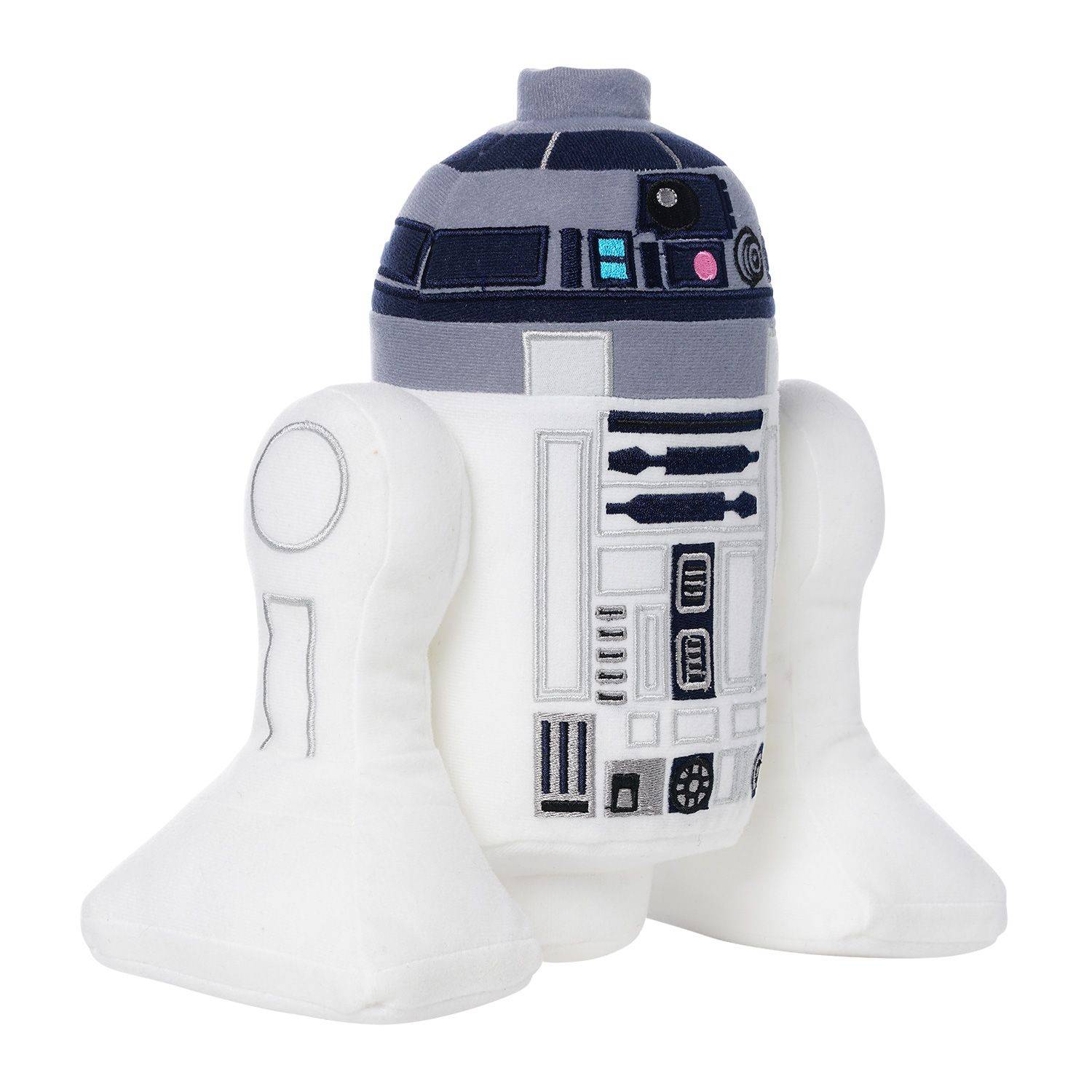 Plüsch-R2-D2-Roboterspielzeug mit weißem Körper und blaugrauem Kuppelkopf, gezeigt vor einem einfachen weißen Hintergrund.