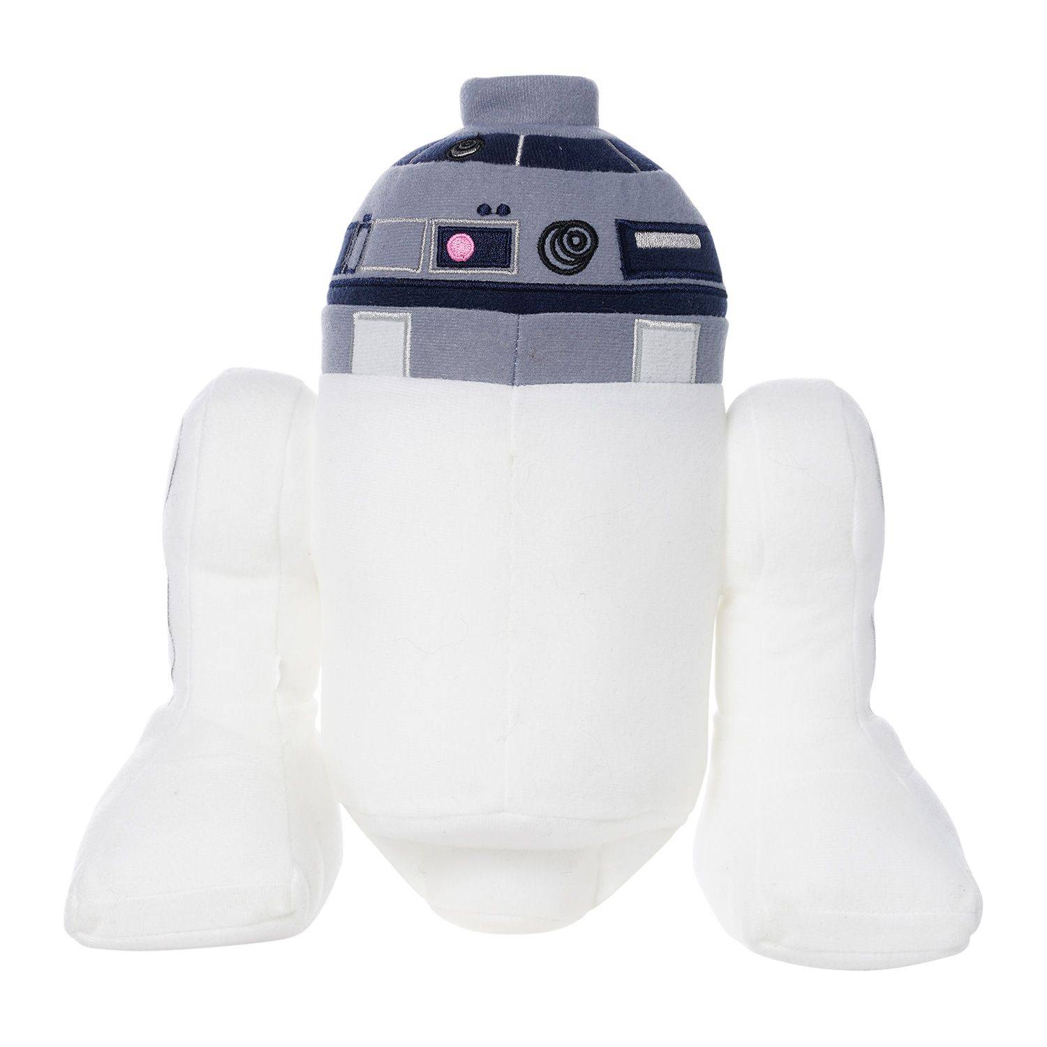 Ein Plüschspielzeug von R2-D2 aus Star Wars, von vorne gezeigt auf weißem Hintergrund.