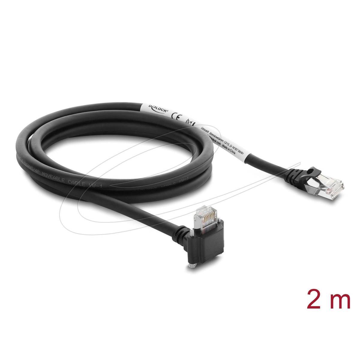 Schwarzes 2 m Ethernet-Kabel mit RJ45-Steckern, aufgerollt auf weißem Hintergrund dargestellt.