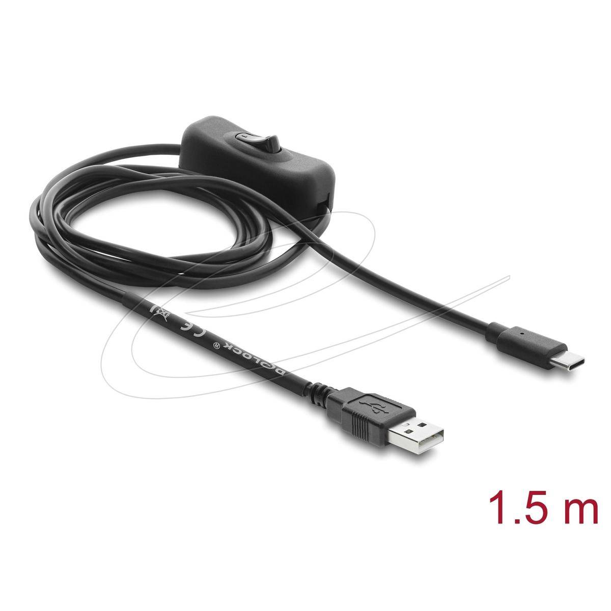 1,5 m schwarzes USB-C-zu-USB-A-Kabel mit Inline-Schalter auf weißem Hintergrund.