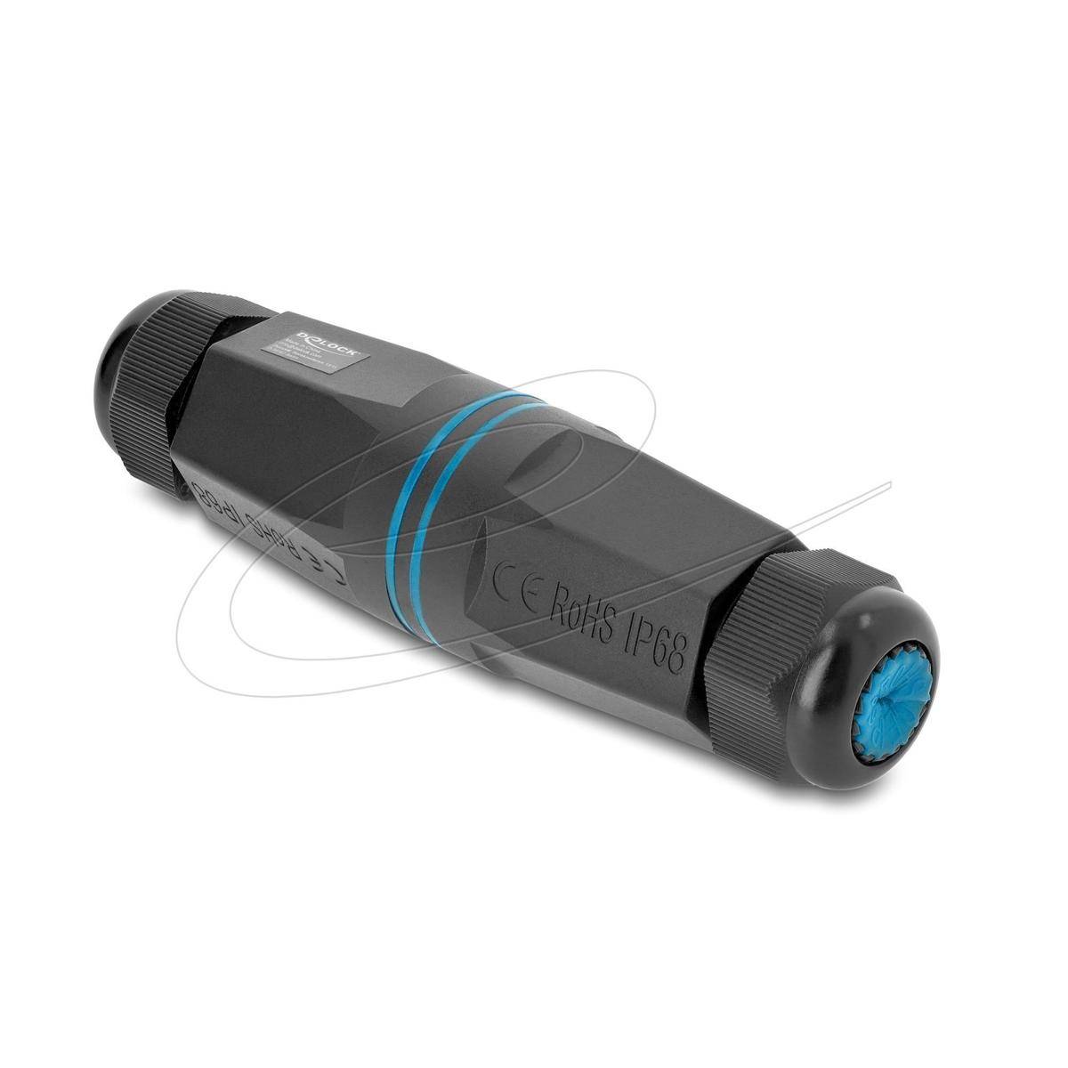 Schwarzer zylindrischer wasserdichter Elektrostecker mit gerillten Endkappen und blauem Dichtungsring auf weißem Hintergrund.