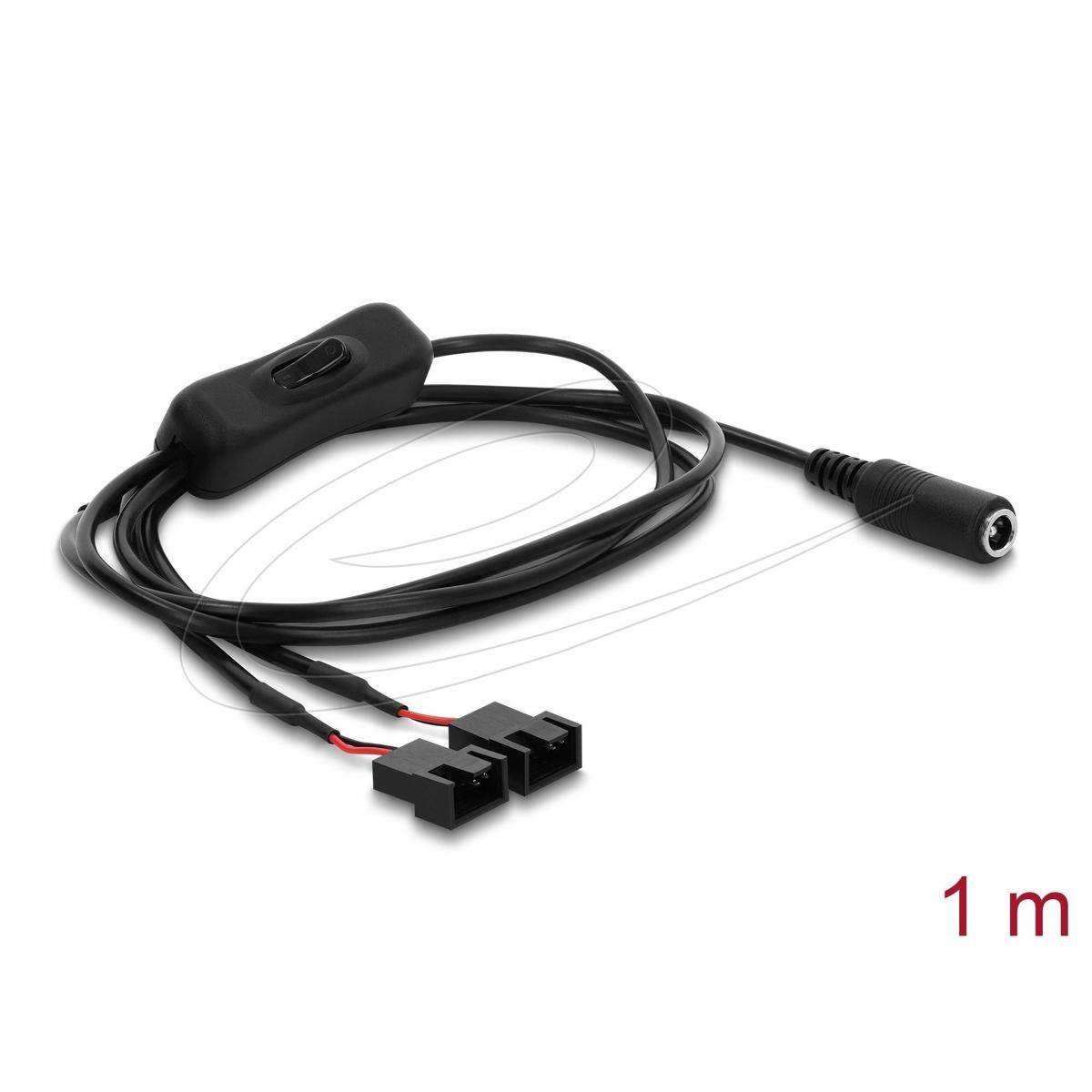 Schwarzes 1 m Stromkabel mit integriertem Schalter, Hohlstecker auf einer Seite und zwei Drahtstecker auf der anderen Seite, auf weißem Hintergrund dargestellt.
