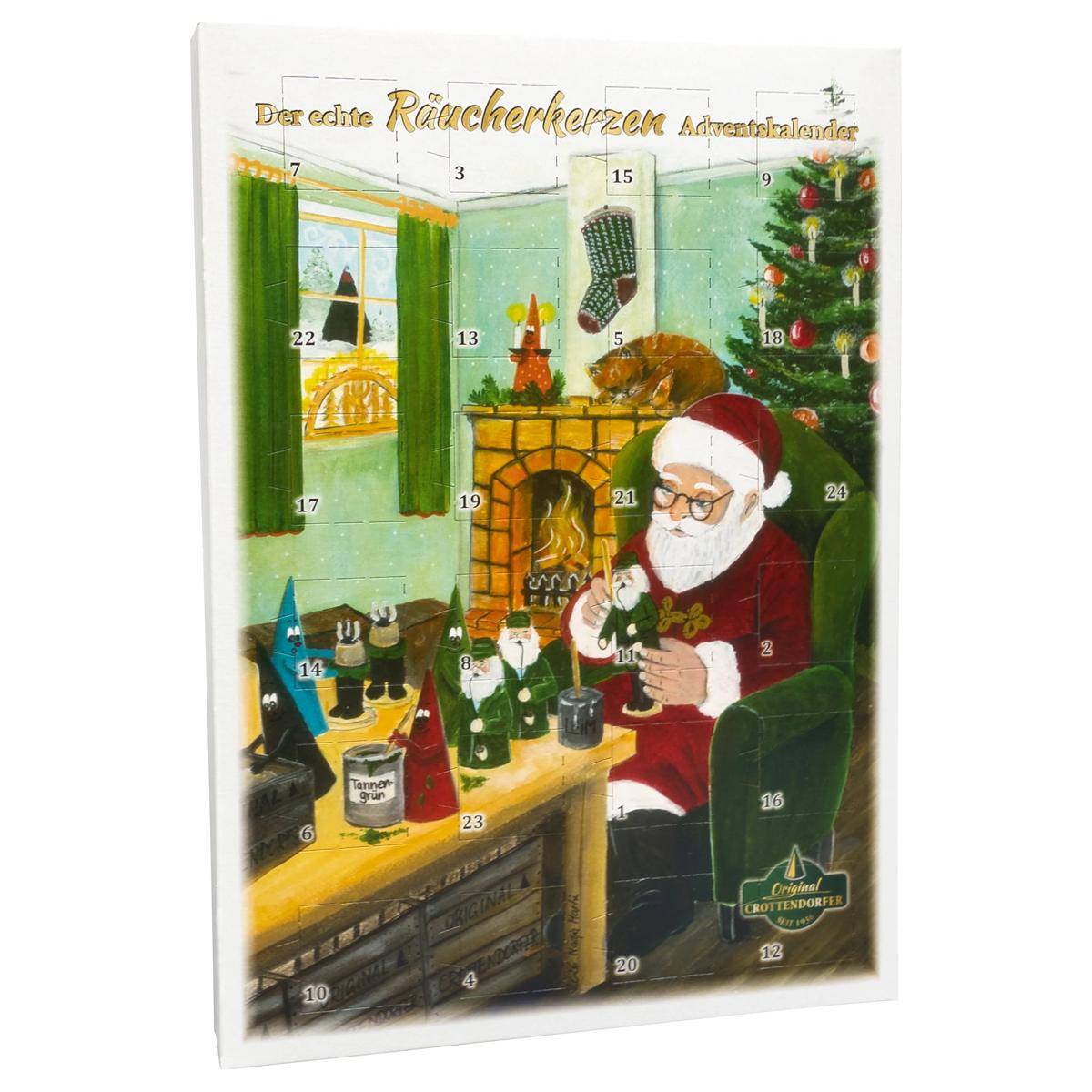 Illustrierter Adventskalender-Umschlag, der den Weihnachtsmann an einem Kamin mit einem Weihnachtsbaum, Geschenken und kleinen nummerierten Türen für jeden Tag zeigt.