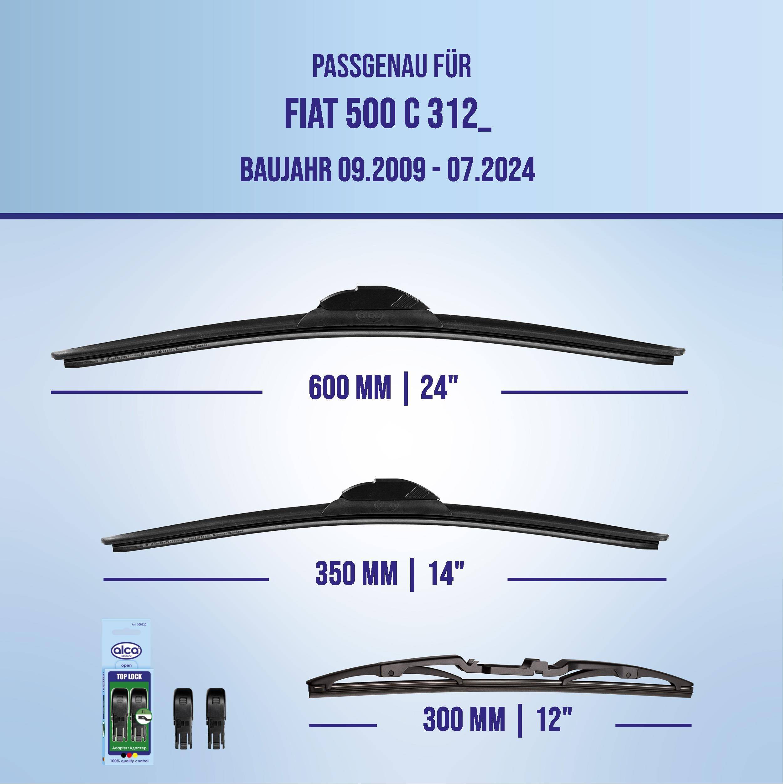 Kompatibilitätsgrafik für Wischerblätter für Fiat 500 C 312, Modelljahre 09.2009-07.2024, mit Größen 600 mm/24