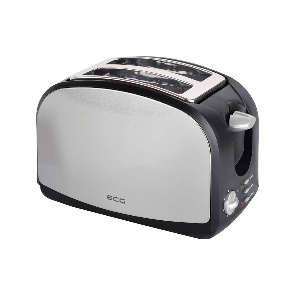 Schwarzsilberner Zwei-Scheiben-Toaster mit Seitenbedienelementen und Hebel auf weißem Hintergrund.