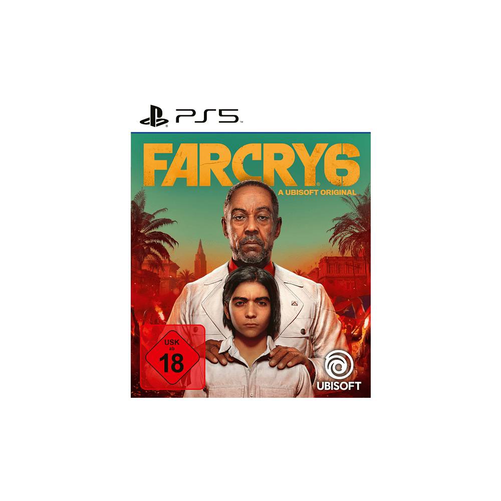 Far Cry 6 PS5-Spielcover zeigt einen düsteren Mann hinter einem Kind vor einem tropischen Stadthintergrund, mit „USK 18