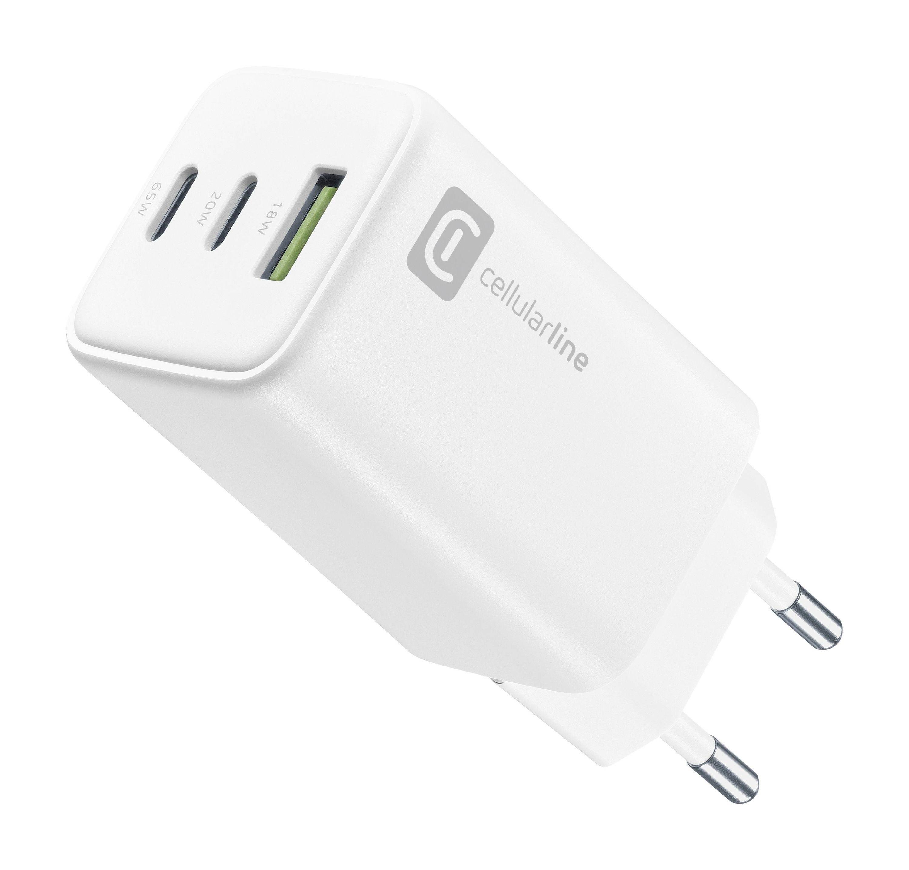 Weißes Cellularline-Wandladegerät mit zwei USB-Anschlüssen und europäischem zweipoligem Stecker.