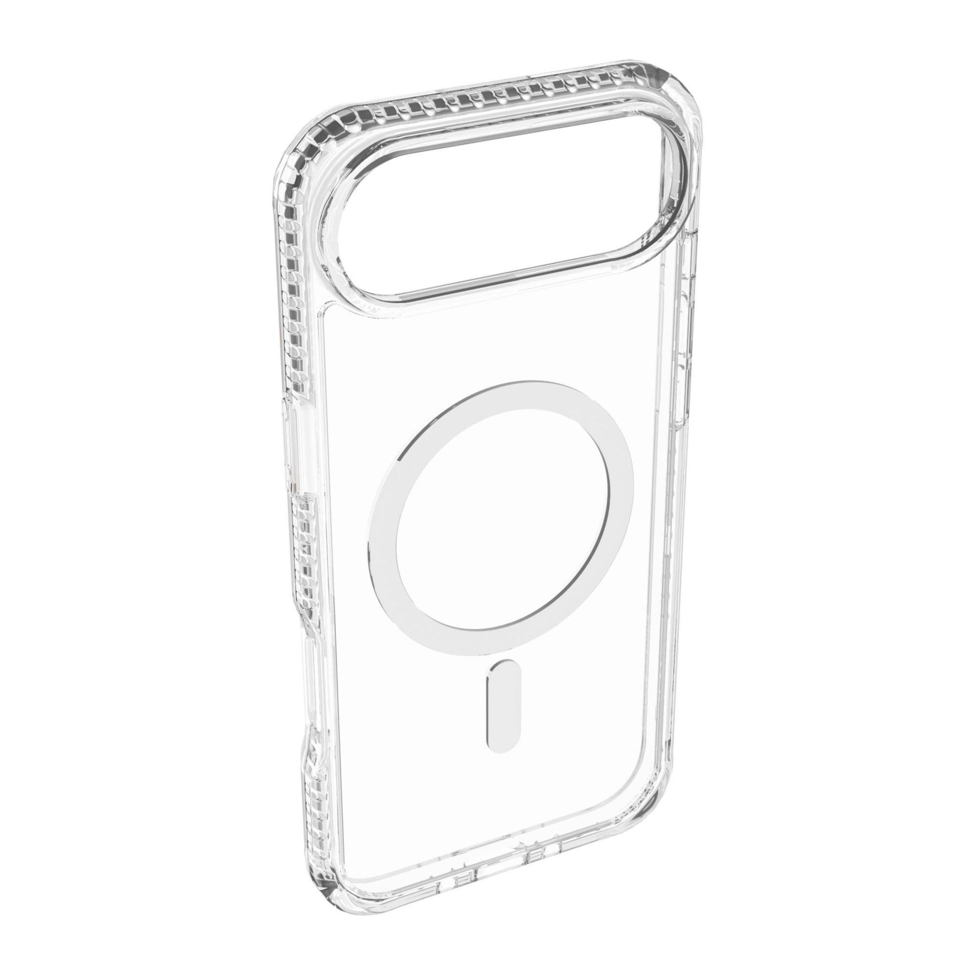 Transparente Handyhülle mit integriertem kreisförmigem MagSafe-ähnlichem Magnetring und horizontalem oberen Ausschnitt für die Kamera.