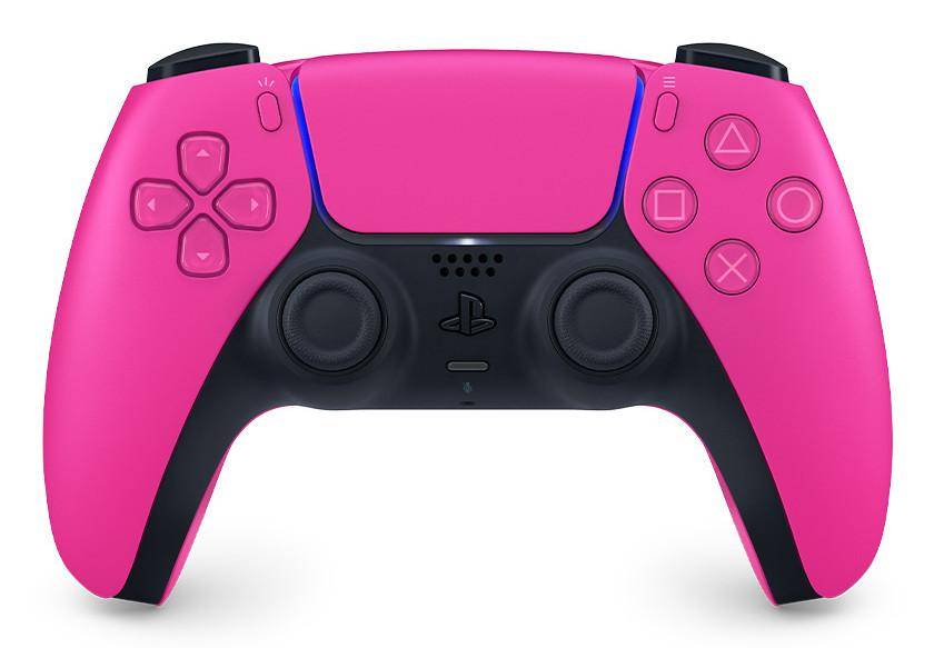 Rosa PlayStation 5 DualSense kabelloses Spielecontroller auf weißem Hintergrund, Vorderansicht mit schwarzen Griffen und Tasten.
