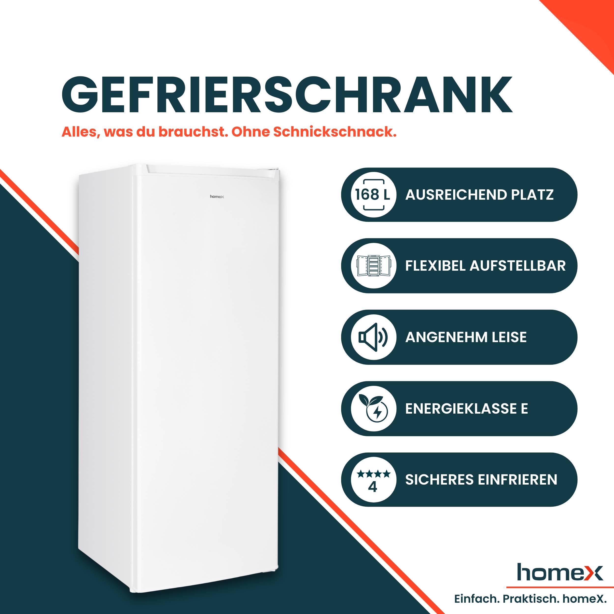 homeX FS1682E-W Gefrierschrank, Tiefkühlschrank groß - 168L Nutzinhalt, 4-Sterne Gefrieren, Freezer, leise 37 dB, weiß