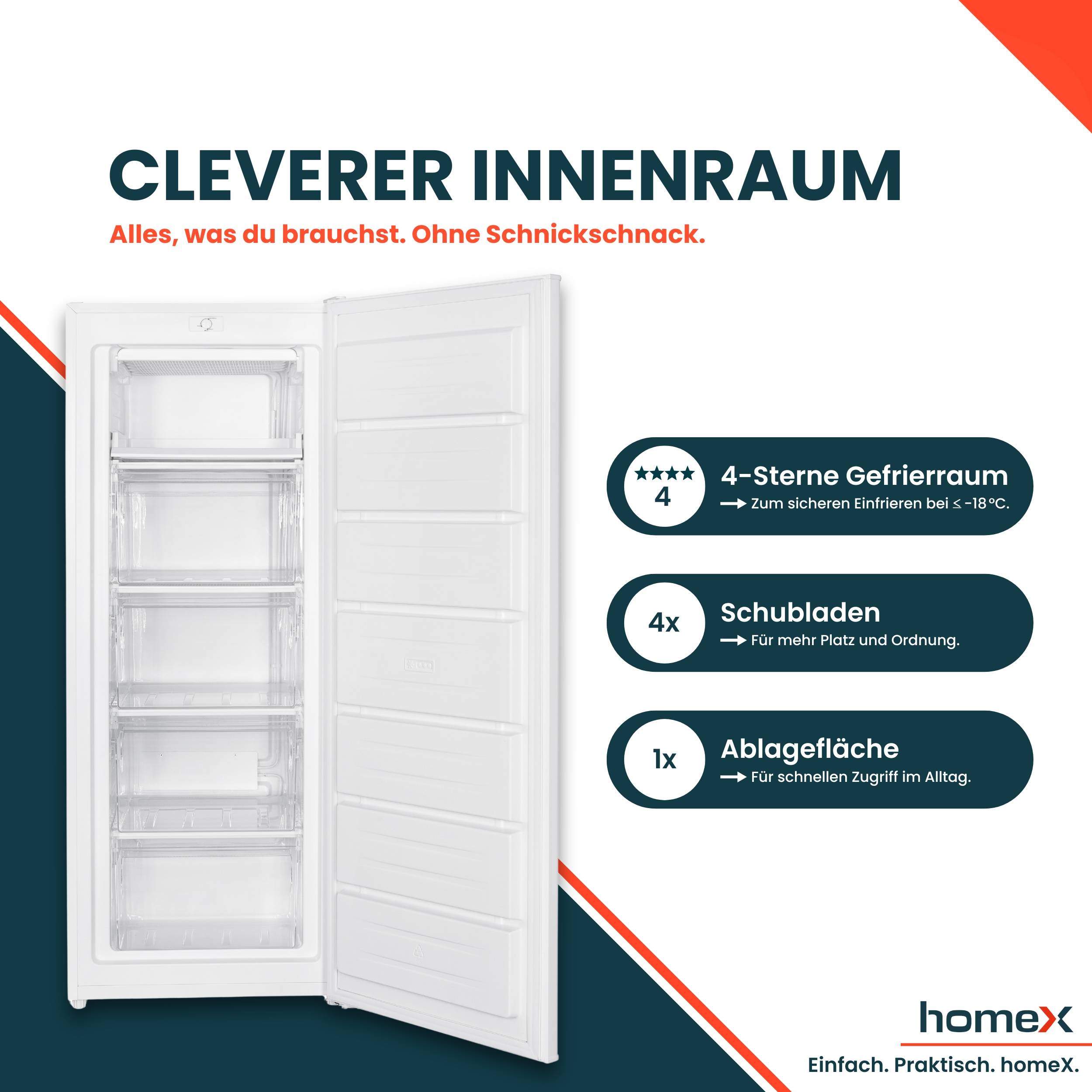 Advertising graphic of a white freezer with an open compartment and the text 'CLEVER INTERIOR SPACE' as well as '4-star freezer', '4x drawers' and '1x shelf'.