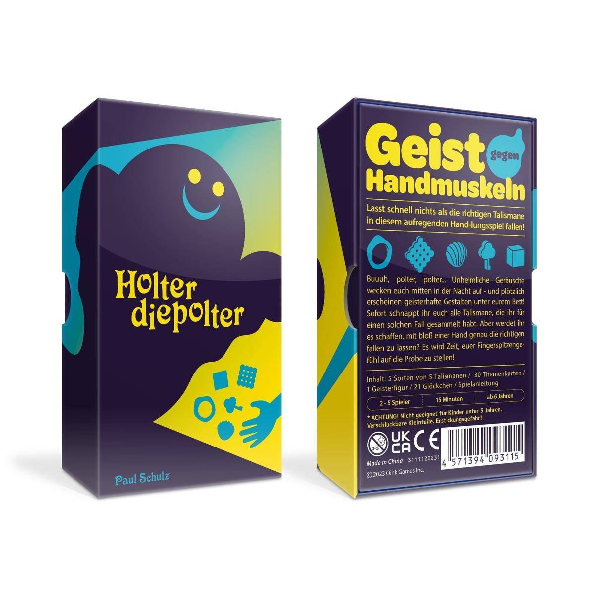 Zwei farbenfrohe Spielschachteln, von vorn und hinten gezeigt: „Holter die Polter