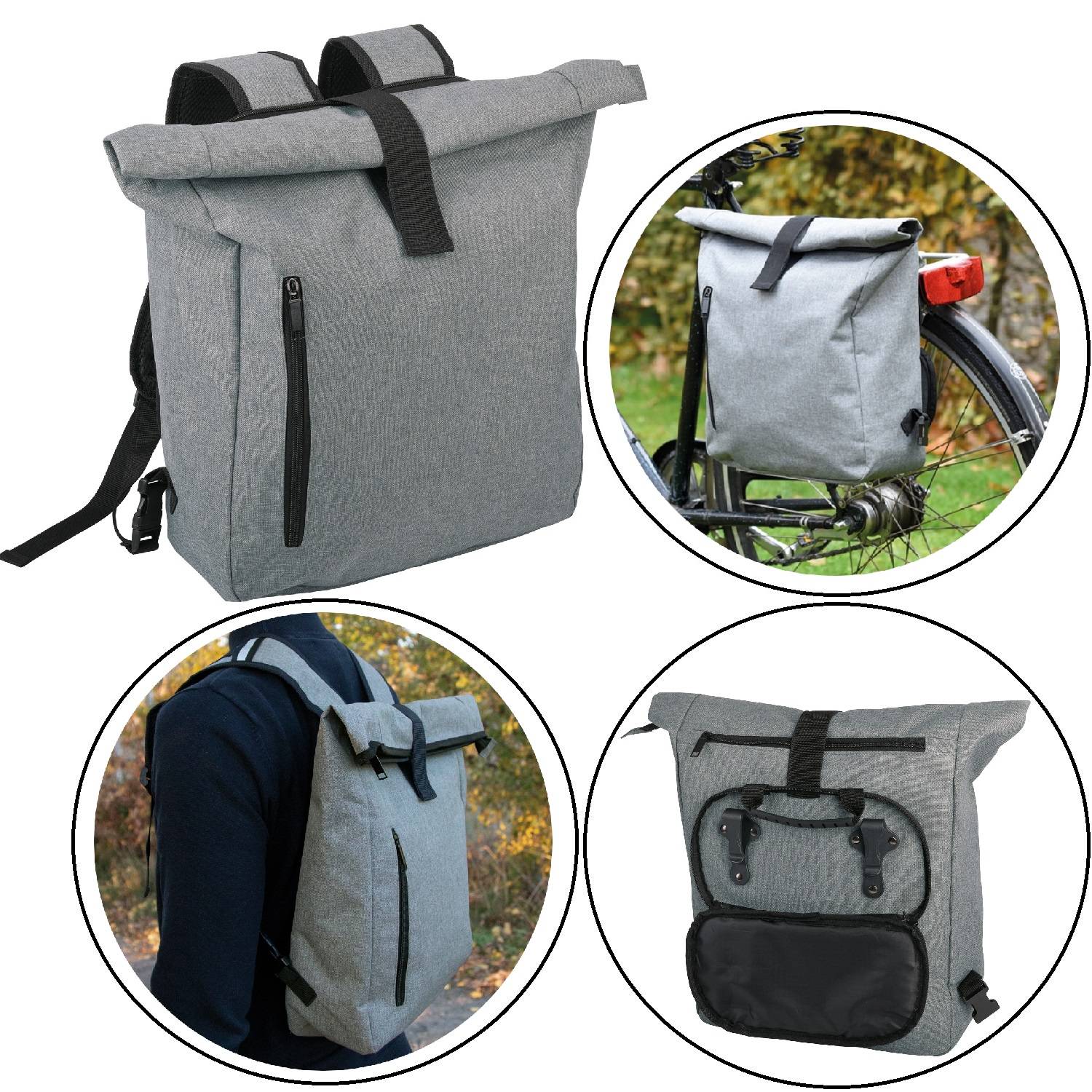Grauer Rolltop-Rucksack aus mehreren Blickwinkeln gezeigt, einschließlich auf einem Fahrrad und von einer Person getragen; mit Seittenreißverschluss und Vordertasche.