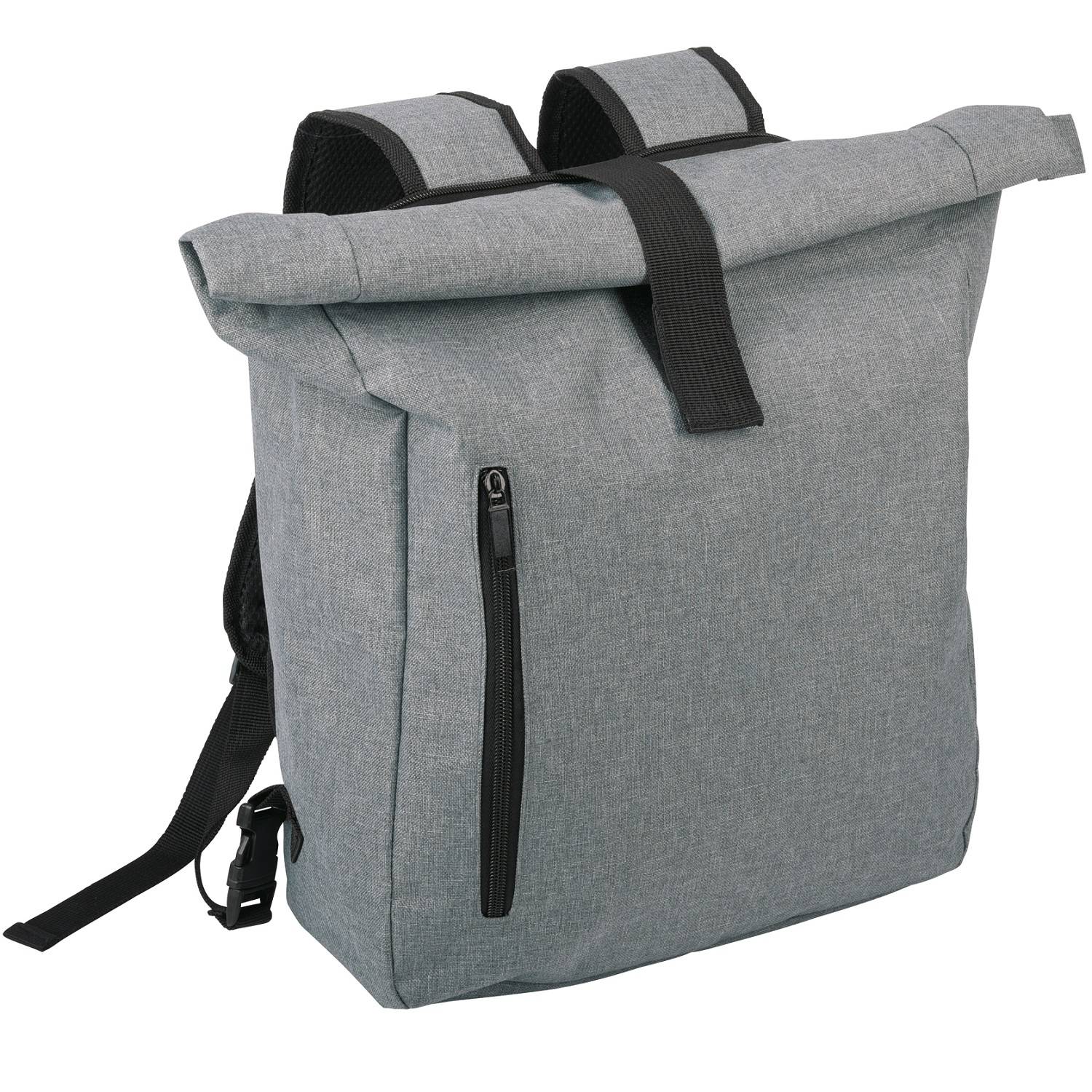 Grauer Rucksack mit Rolltop-Verschluss, schwarze Gurte, Reißverschlusstasche vorne und seitlicher Tragegriff auf weißem Hintergrund.