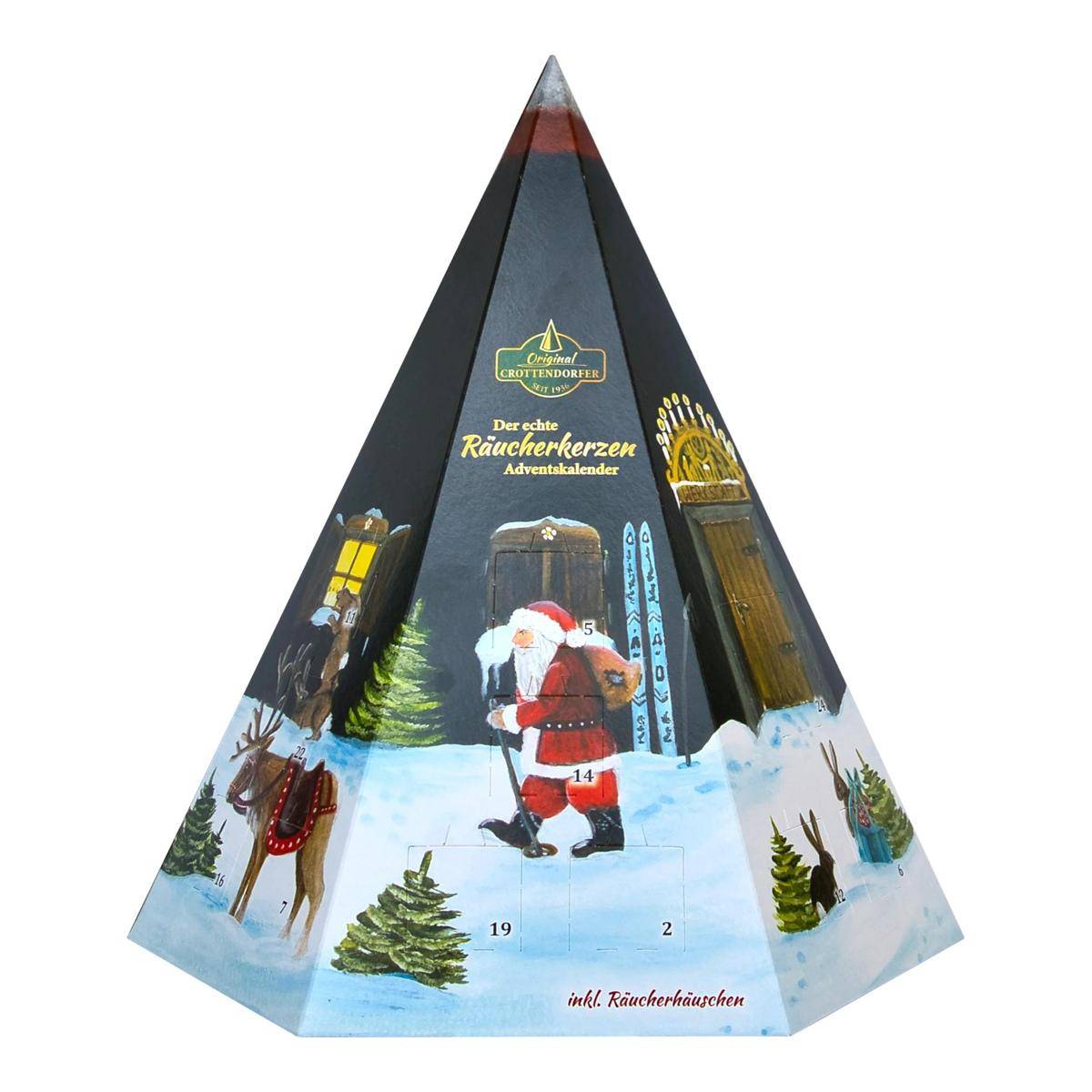 Ein dreieckiger Weihnachts-Adventskalender mit einer Weihnachtsmannfigur im Schnee, beschriftet auf Deutsch „Der echte Räucherkerzen Adventskalender