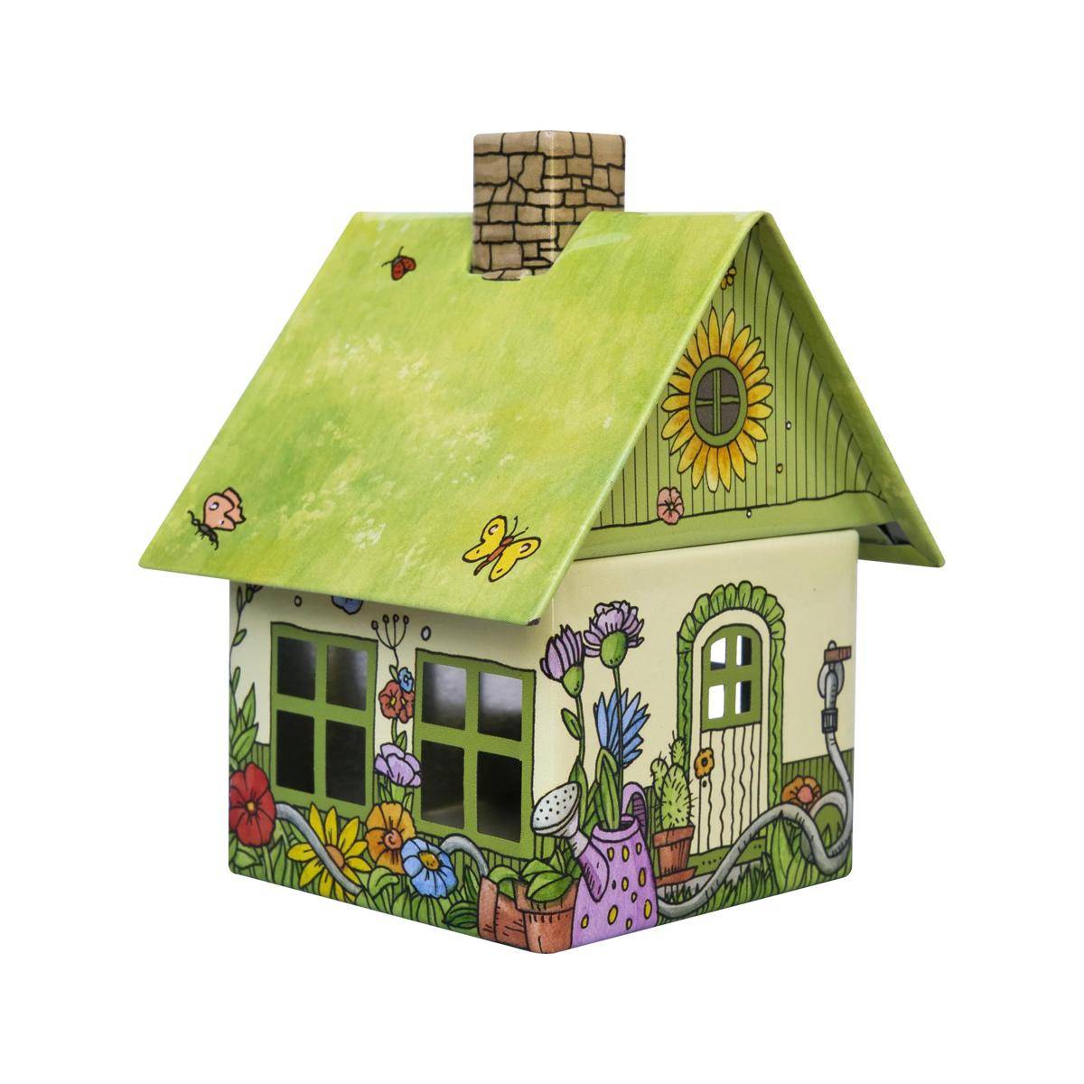 Von Hand bemaltes dekoratives Vogelhaus in Form eines Häuschens, mit grünem Dach, Schornstein, Blumen, Schmetterlingen und Sonnenblumen an den Wänden.
