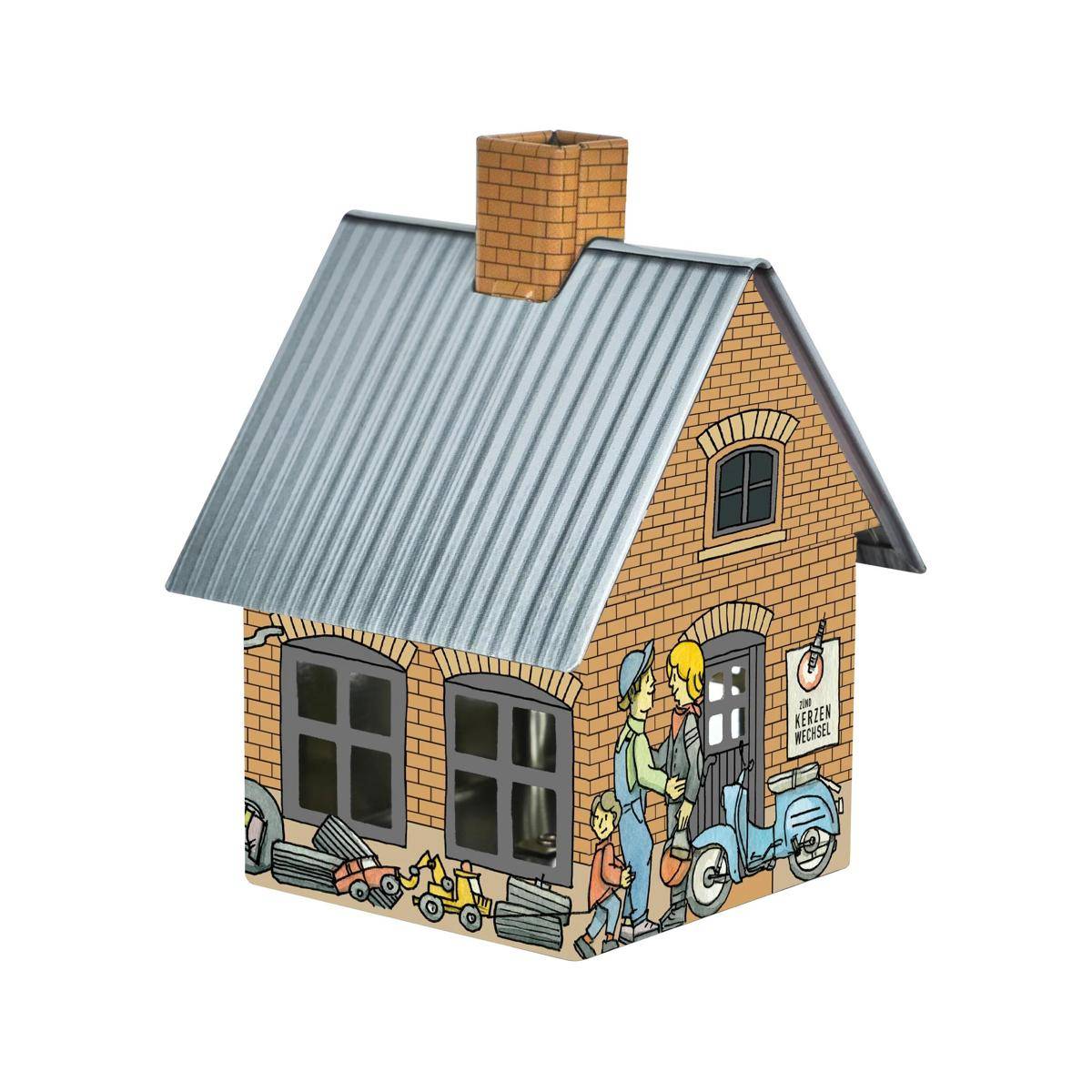 Illustriertes Backsteinhaus mit grauem Metalldach, Schornstein und Menschen neben einem blauen Roller, wie ein dekoratives Spielzeug oder Logo.