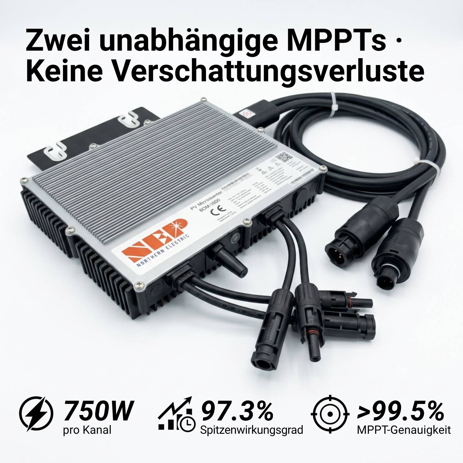 Solarwechselrichter mit Kabeln und Steckverbindern, auf Deutsch beschriftet mit „Zwei unabhängige MPPTs · Keine Verschattungsverluste