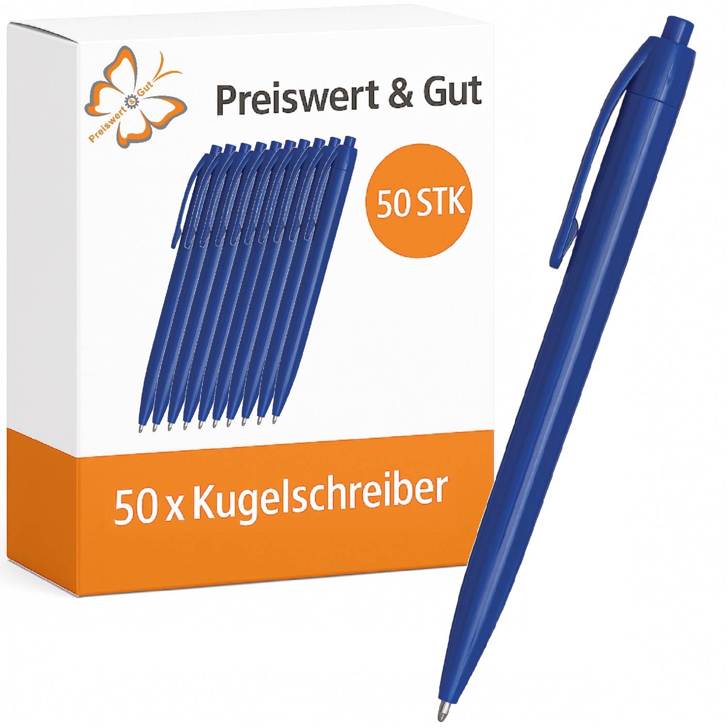 Packung mit 50 blauen Kugelschreibern mit der Bezeichnung „Preiswert & Gut