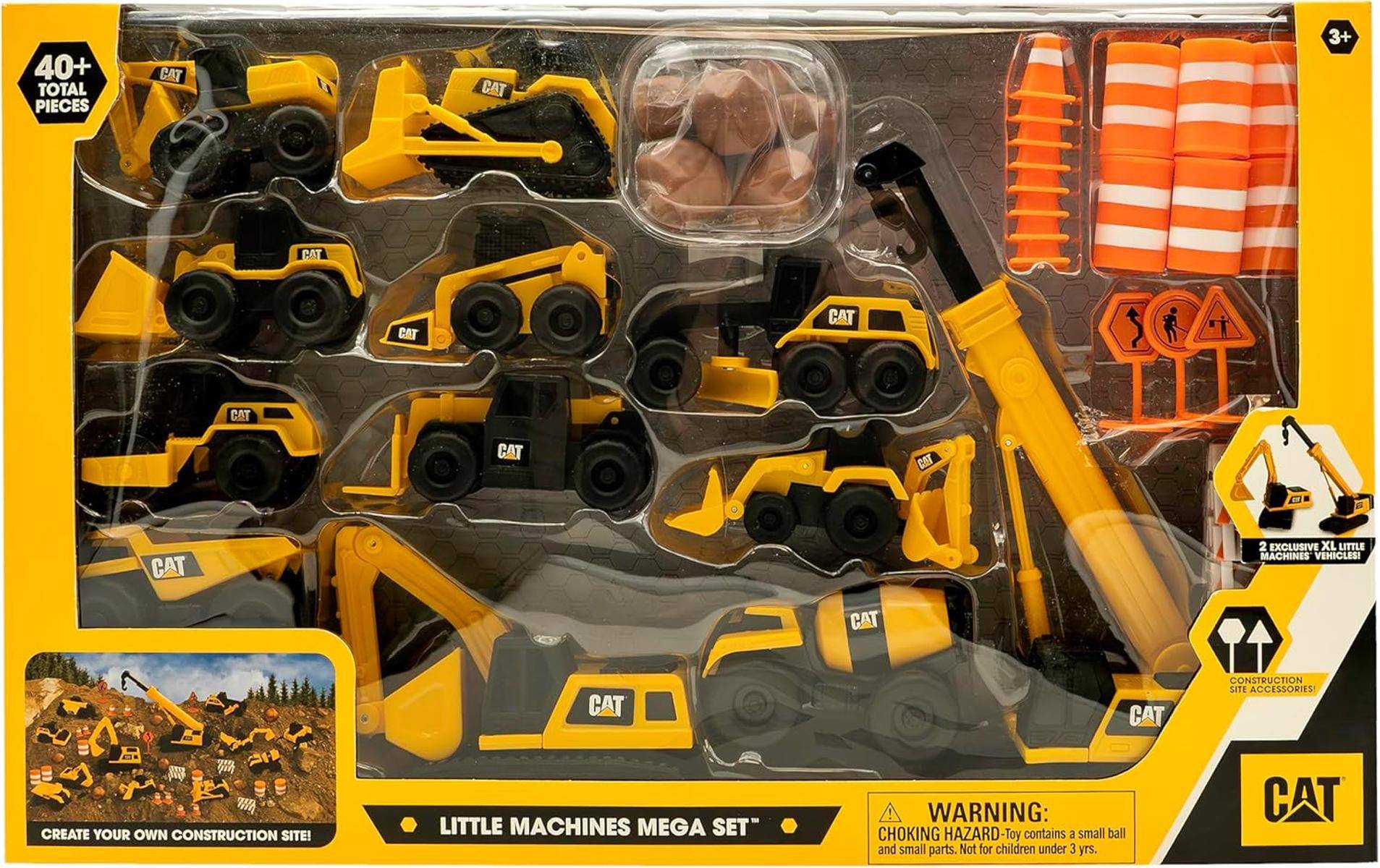 CAT 'Little Machines Mega Set' Spielzeug-Bauset mit über 40 Teilen, einschließlich Kipplastwagen, Bagger, Planierraupe, Kran, Absperrungen und Verkehrsschilder.