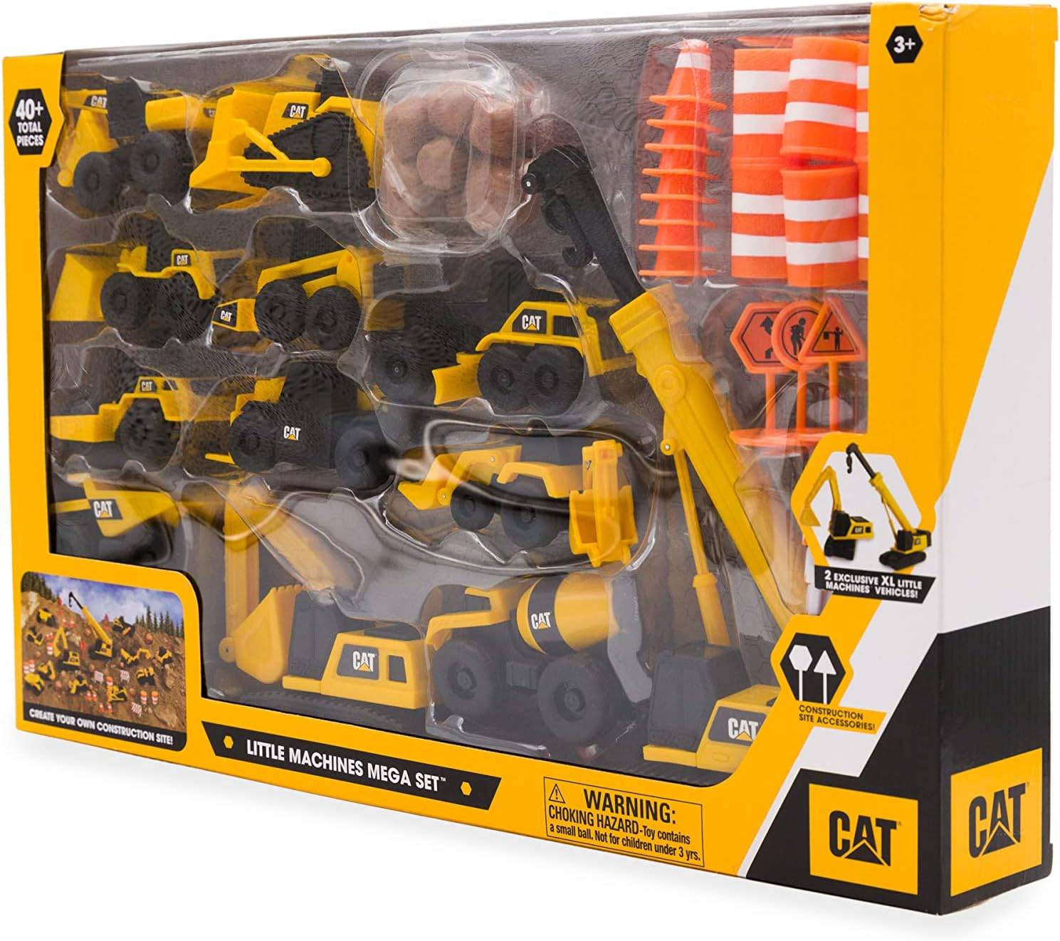 CAT Little Machines Mega Set Spielzeug-Baufahrzeuge und Zubehör in einer gelb-schwarzen Verpackung, gekennzeichnet mit 40+ Teilen und ab 3+ Jahren.