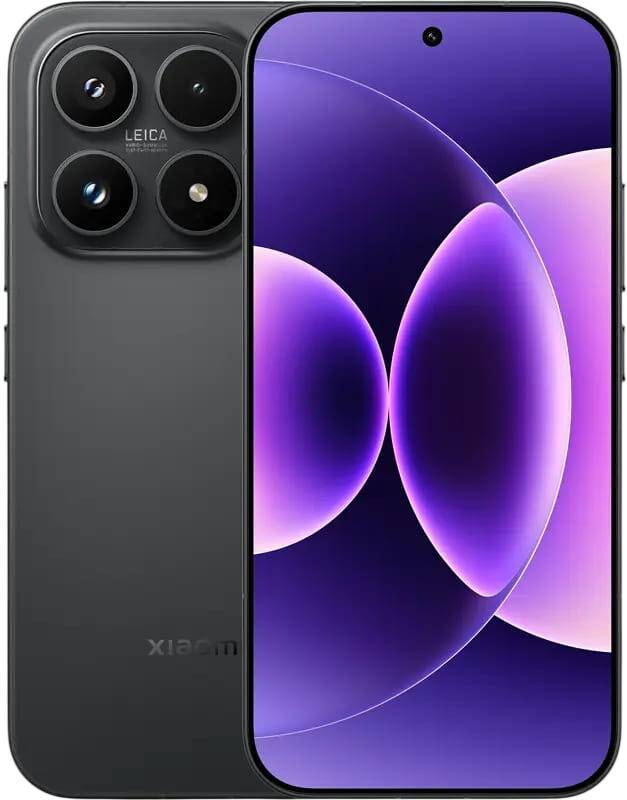 Vorder- und Rückansichten eines schwarzen Xiaomi-Smartphones mit großem Quad-Kamera-Modul und violettem abstraktem Hintergrundbild auf dem Bildschirm.