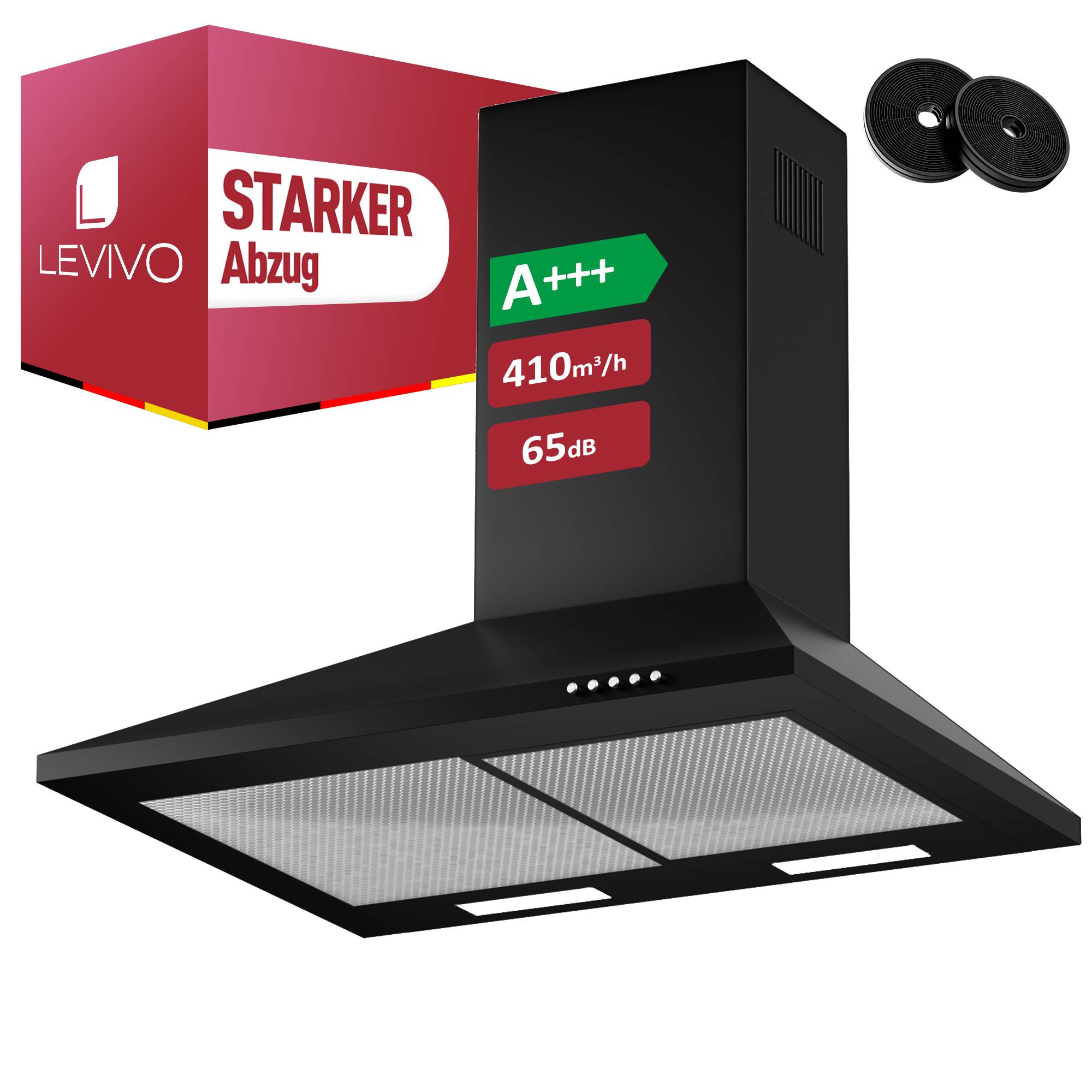 Schwarze an der Wand montierte Levivo-Dunstabzugshaube mit Filtern, gekennzeichnet mit A++, 410 m³/h und 65 dB; rote Box mit der Aufschrift „Starker Abzug