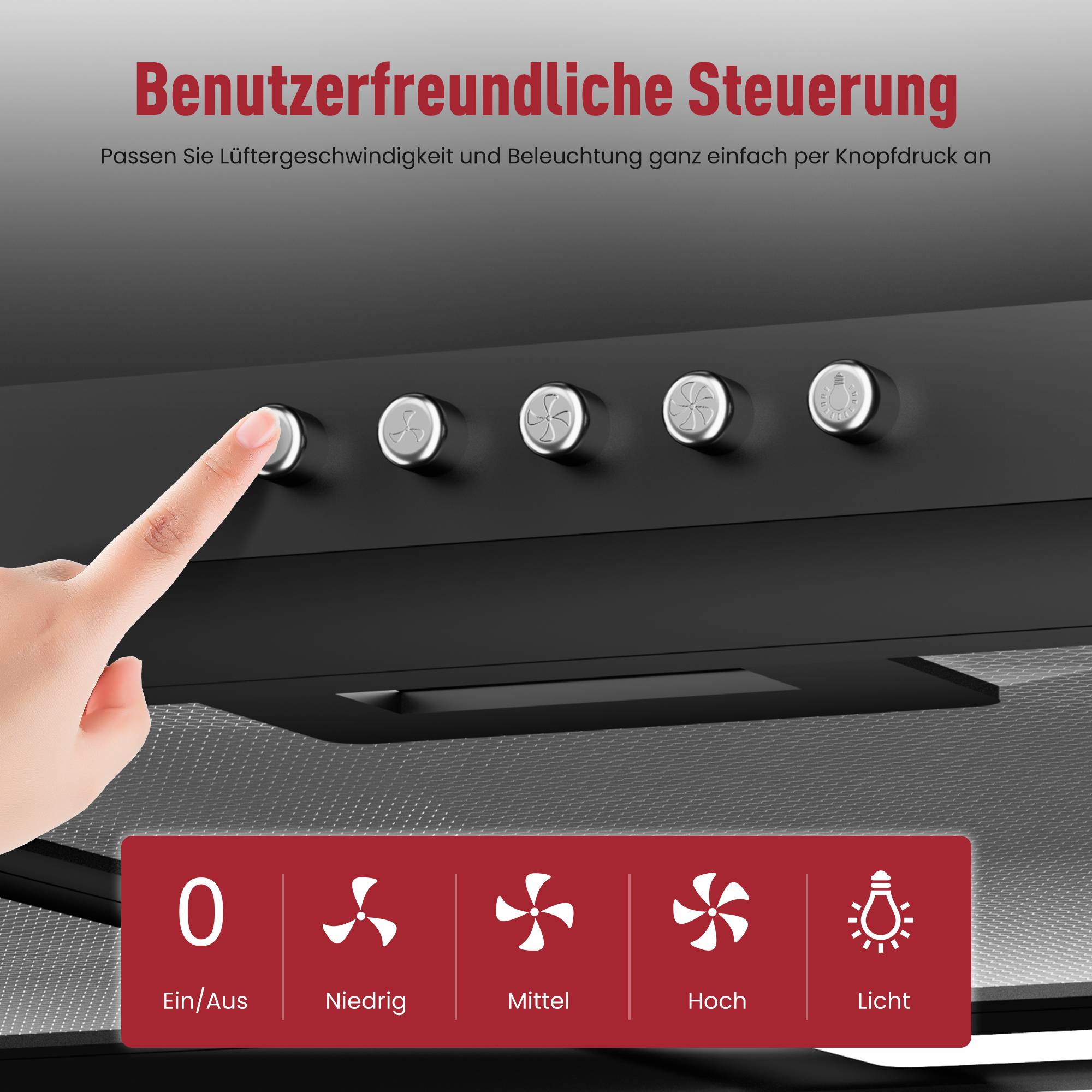 Werbebild einer Dunstabzugshaube-Bedienfeld mit einem Finger, der eine Schaltfläche drückt; der Text lautet „Benutzerfreundliche Steuerung