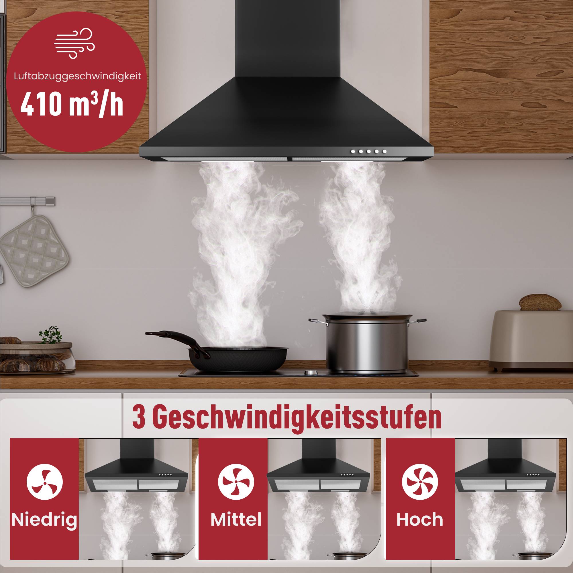 Dunstabzugshaube über dampfenden Töpfen, mit Werbung für Luftdurchsatz 410 m³/h und 3 Geschwindigkeitsstufen: niedrig, mittel, hoch.