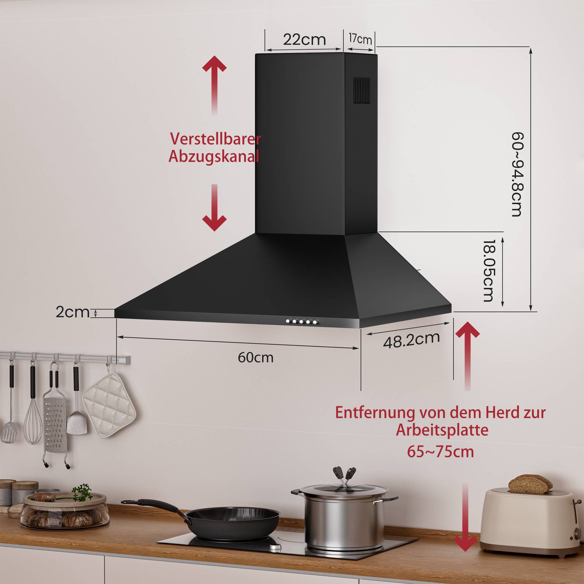 Diagramm einer Dunstabzugshaube für die Küche mit verstellbarem Abluftkanal, showing Installationsmaße: 60 cm Breite, 22 cm Tiefe, 60–94,8 cm Höhe und Abstände zwischen Kochfeld und Arbeitsplatte von 65–75 cm.