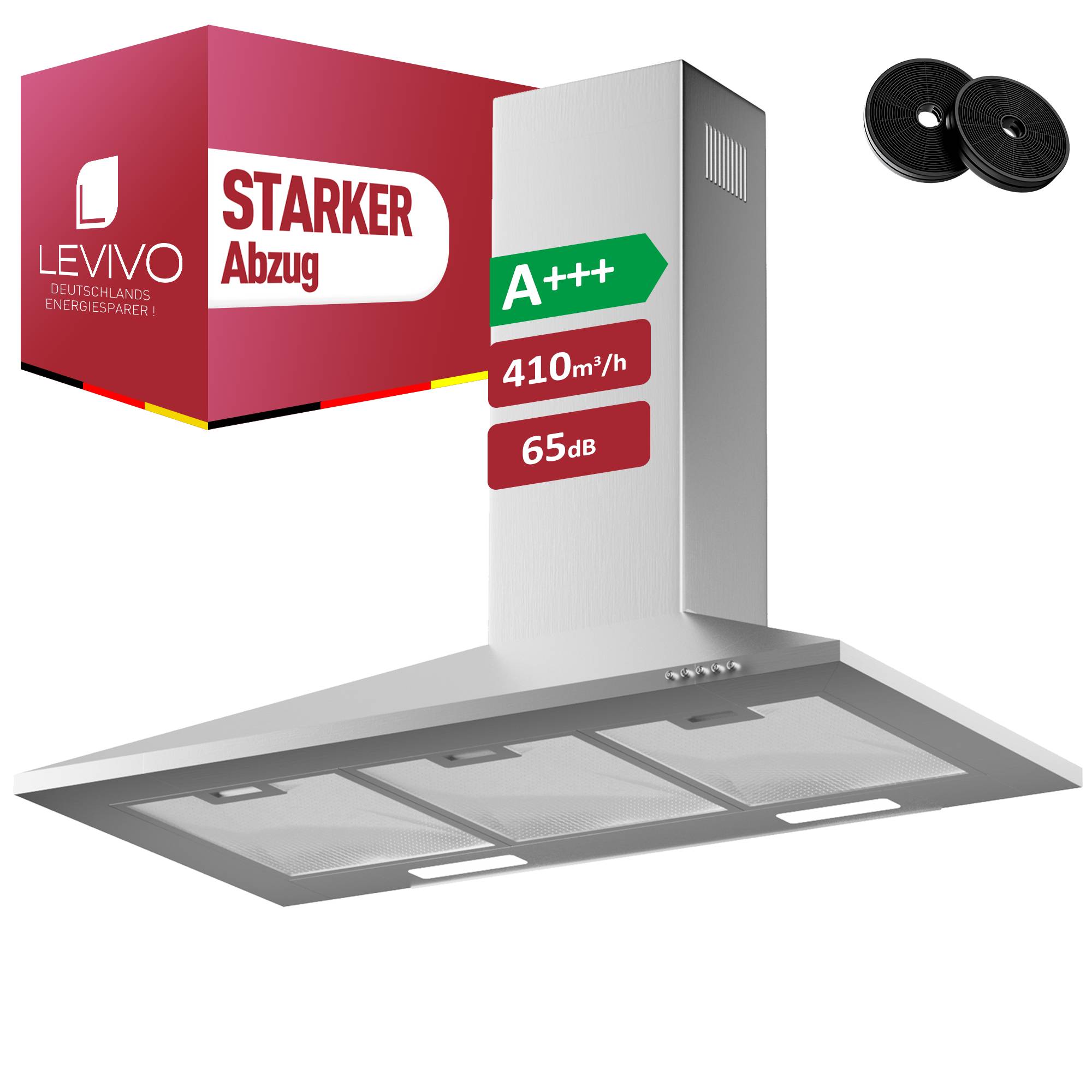 Produktbild einer silbernen, wandmontierten Dunstabzugshaube mit der Bezeichnung „STARKER Abzug