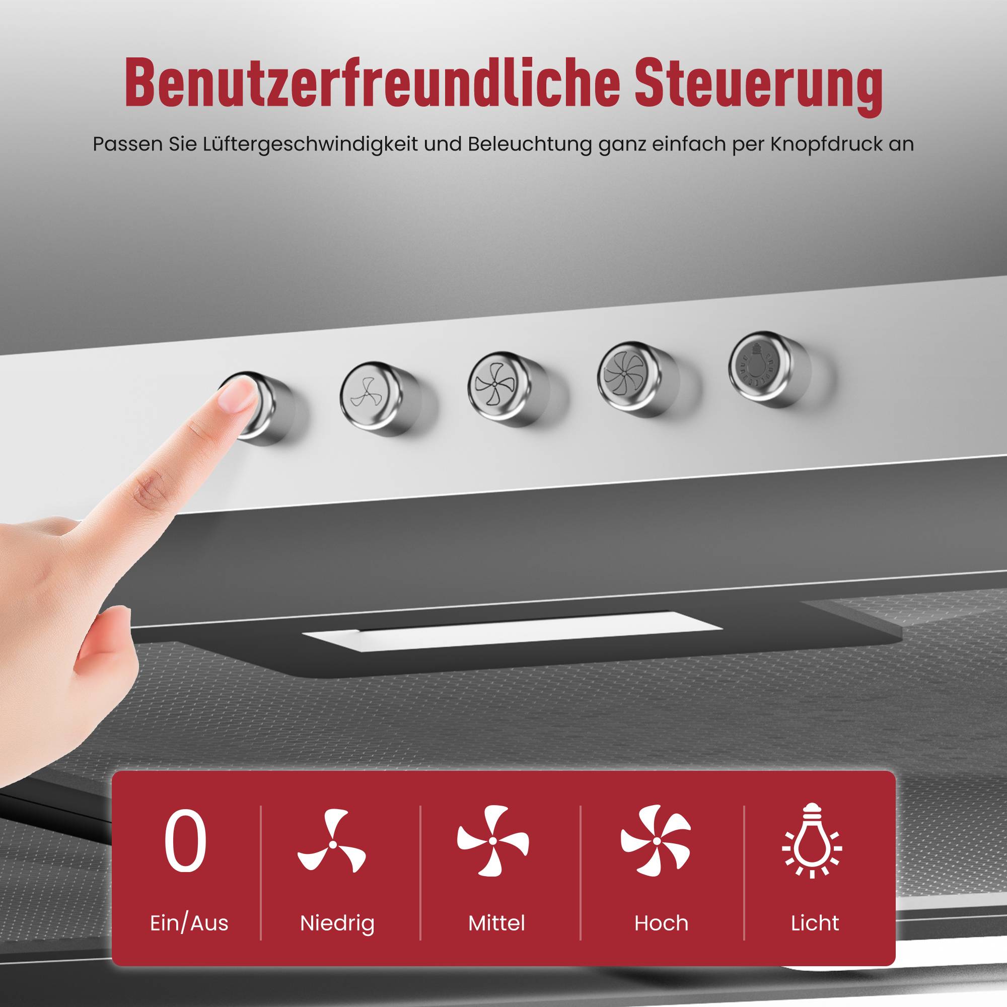 Levivo A+++ Dunstabzugshaube 90cm mit 410m³/h Luftleistung, LED