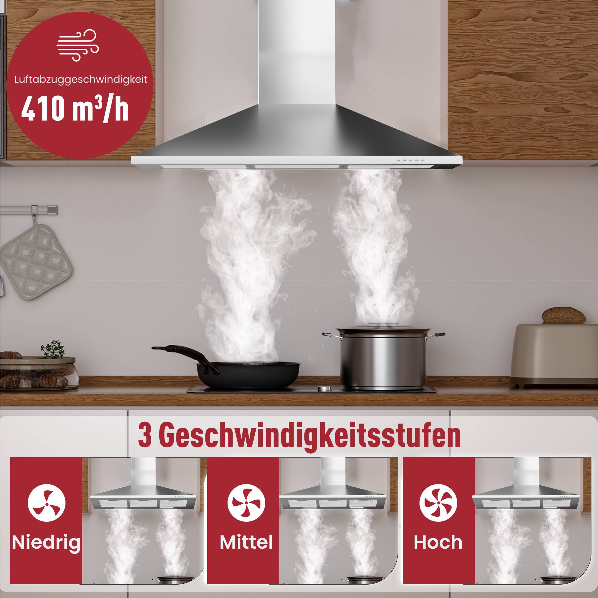 Demonstration einer Dunstabzugshaube in der Küche mit starker Dampfabsaugung, gekennzeichnet mit „Luftabzugsgeschwindigkeit 410 m³/h